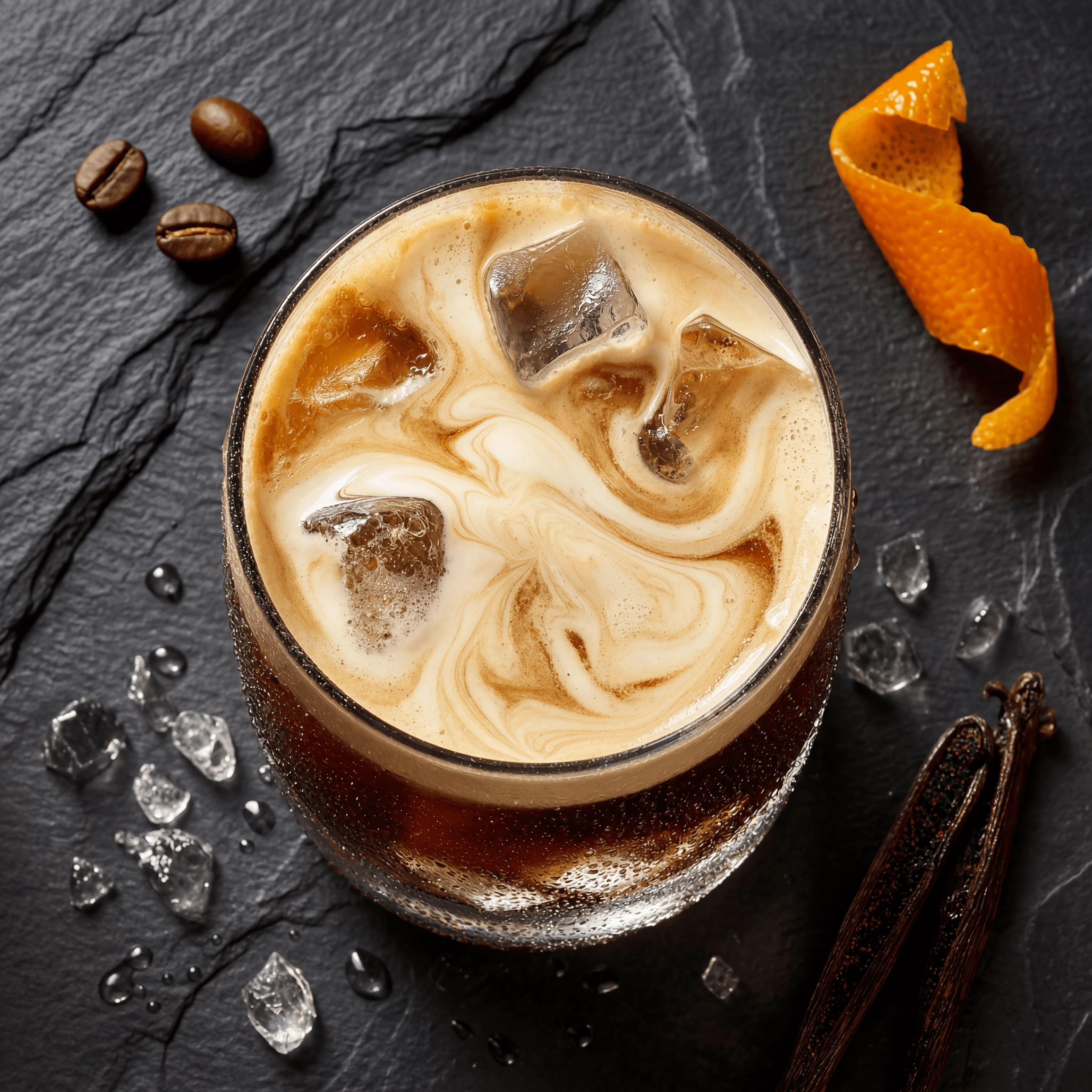 Iced cold brew tall glass ice condensation dark slate top down dramatic — cold brew card photography