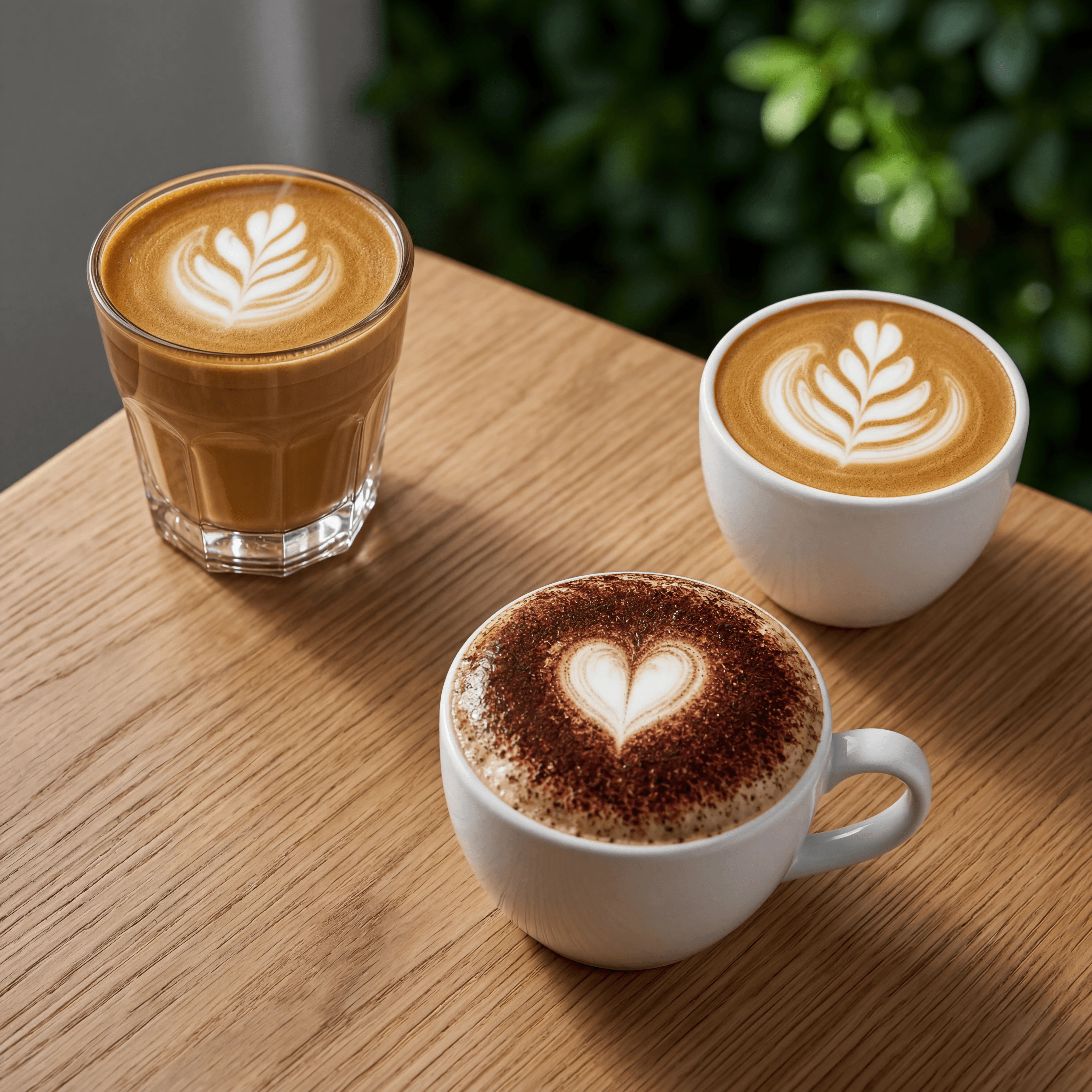 Cortado flat white cappuccino three small cups garden fine dining — cappuccino card photography