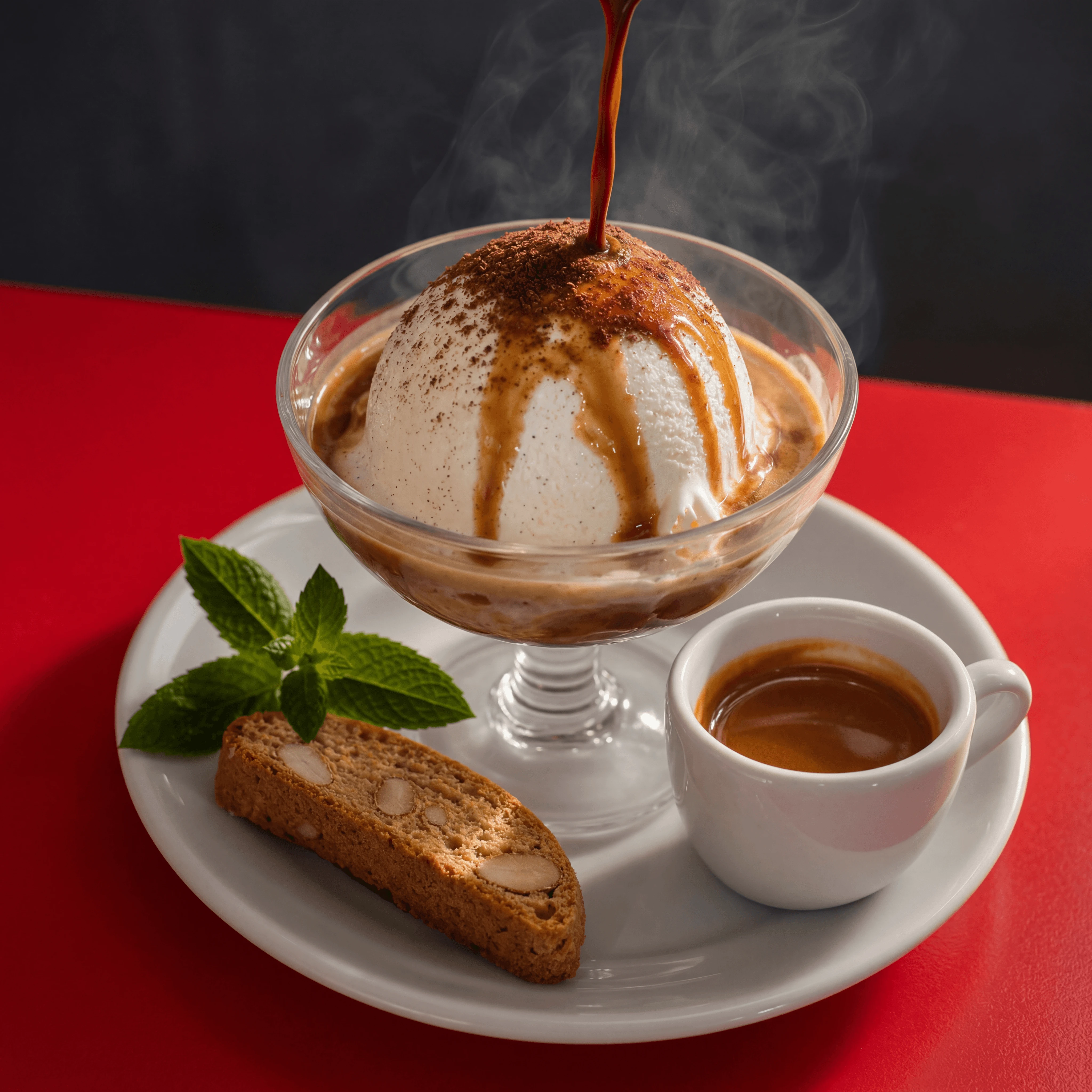 Affogato vanilla ice cream espresso pour dark amber red cafe — affogato card photography