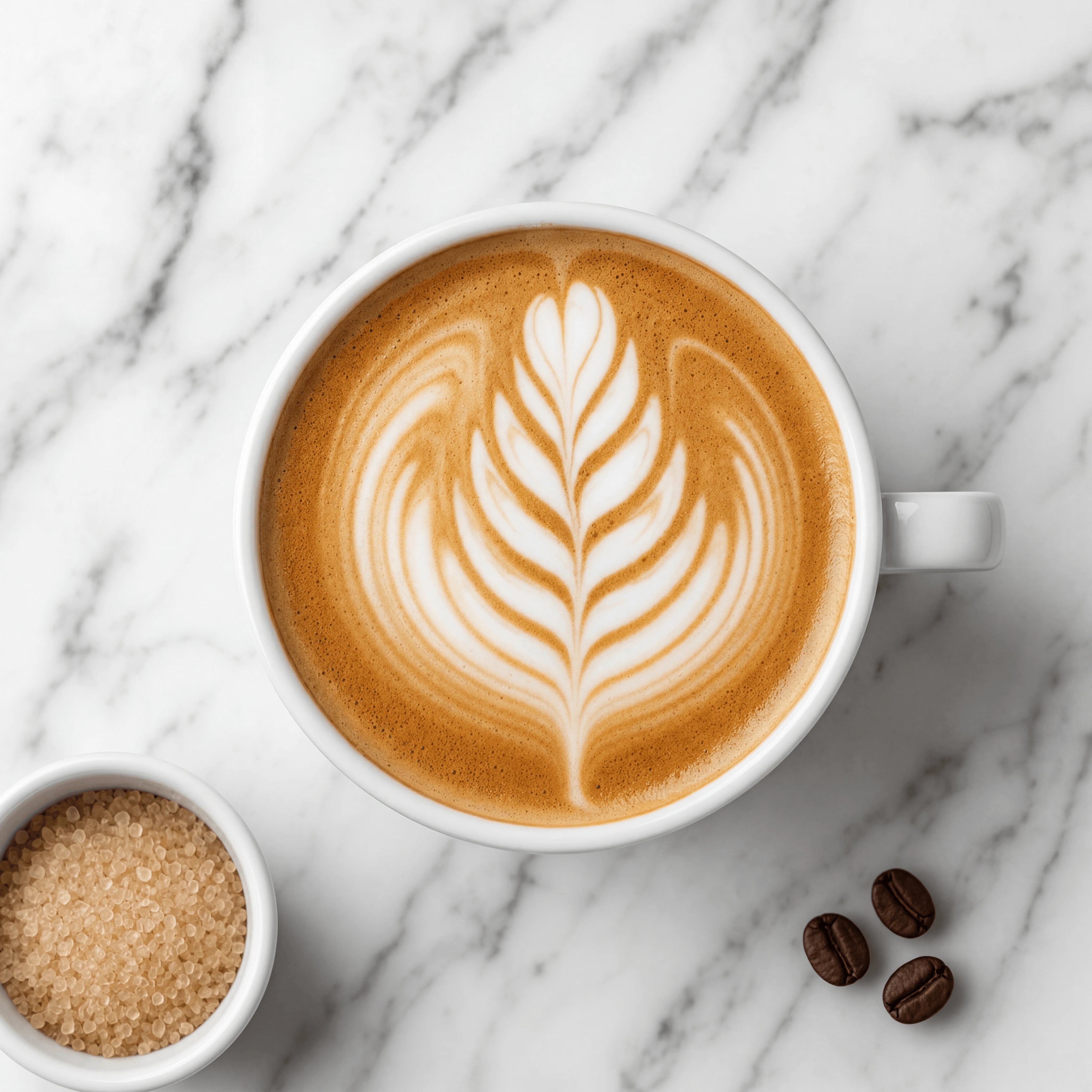 Single latte rosetta art microfoam ceramic cup overhead marble — latte art hero photography