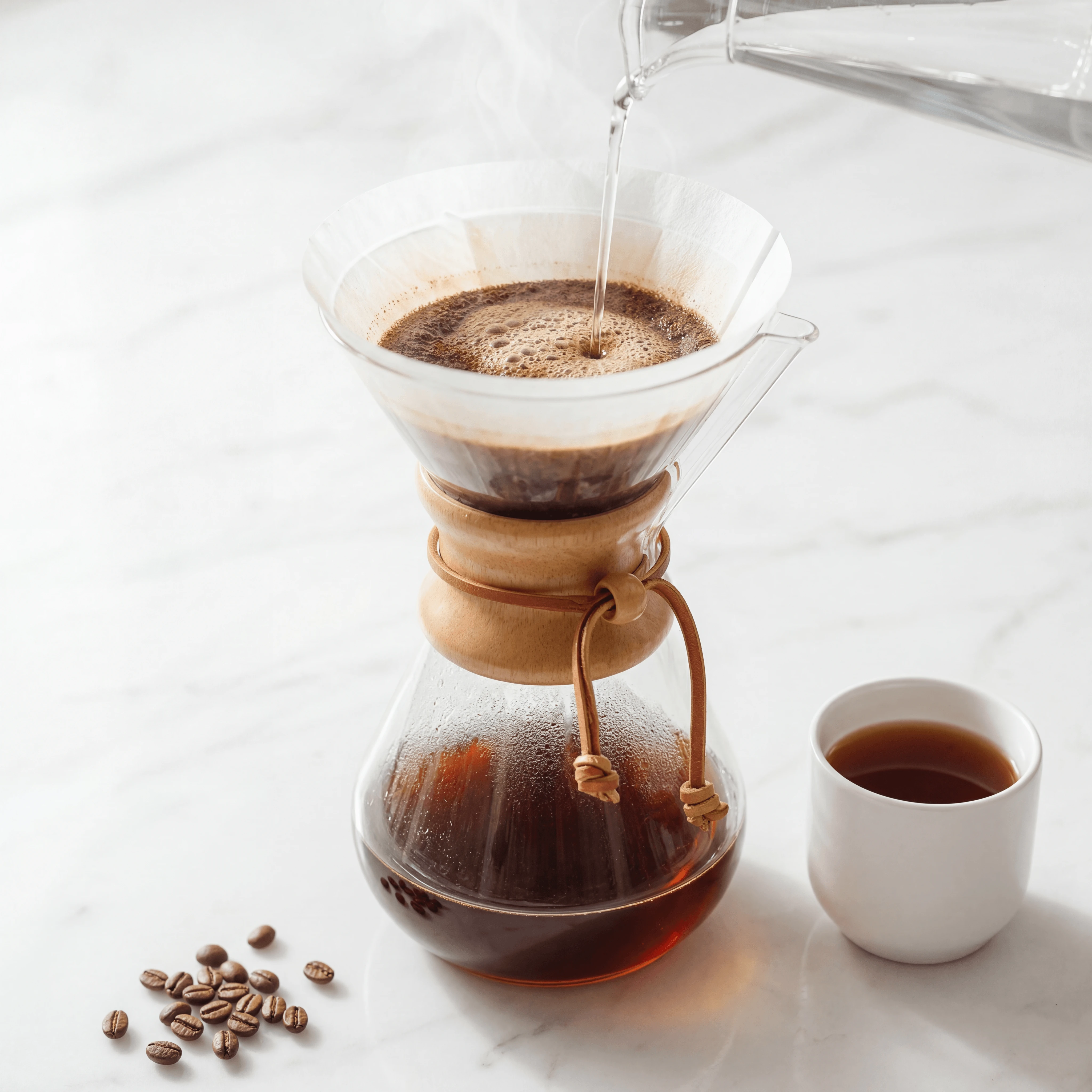 Pour over coffee Chemex glass server filter drip clean third wave — pour over hero photography