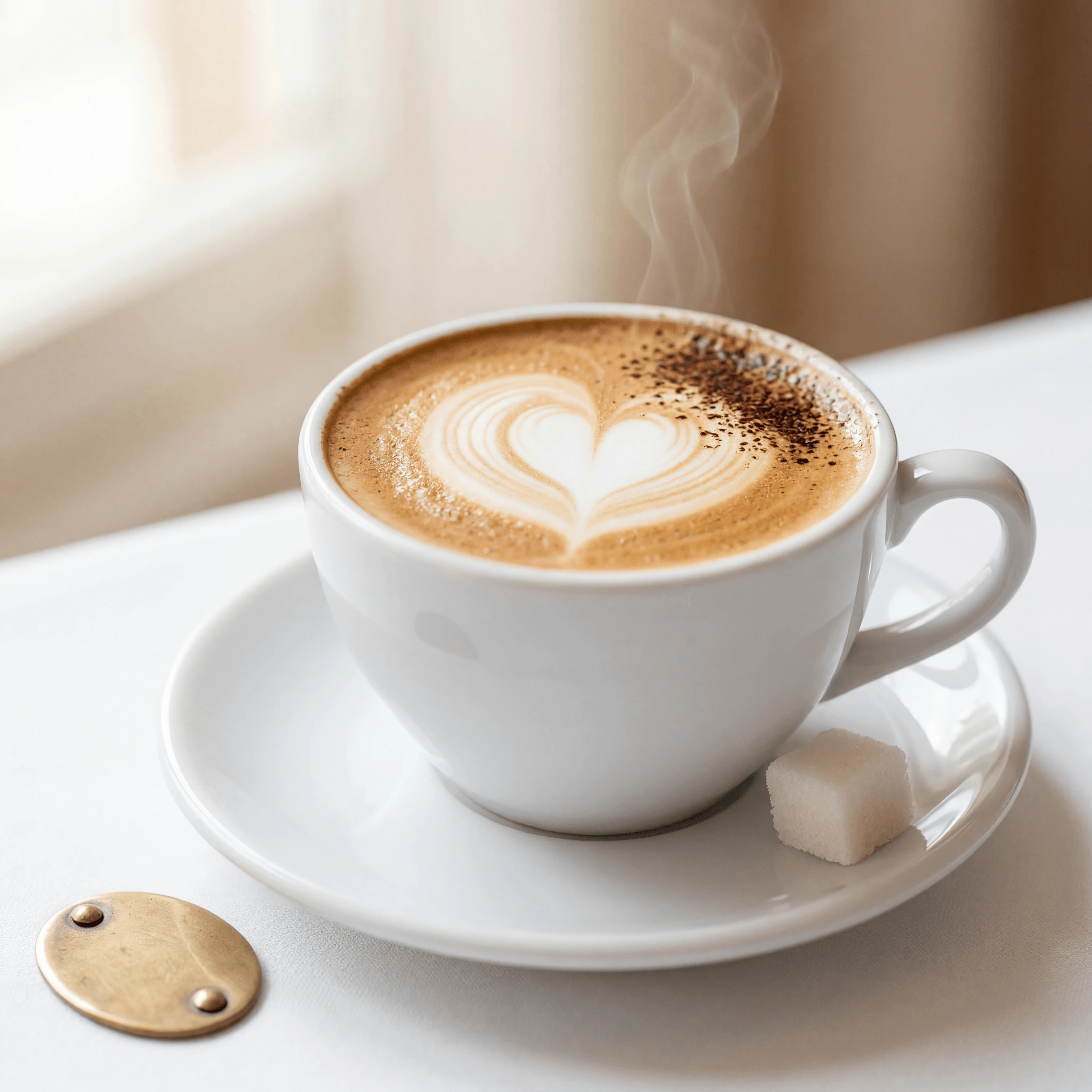 Cappuccino heart art microfoam ceramic cup bright bistro saucer — cappuccino hero photography