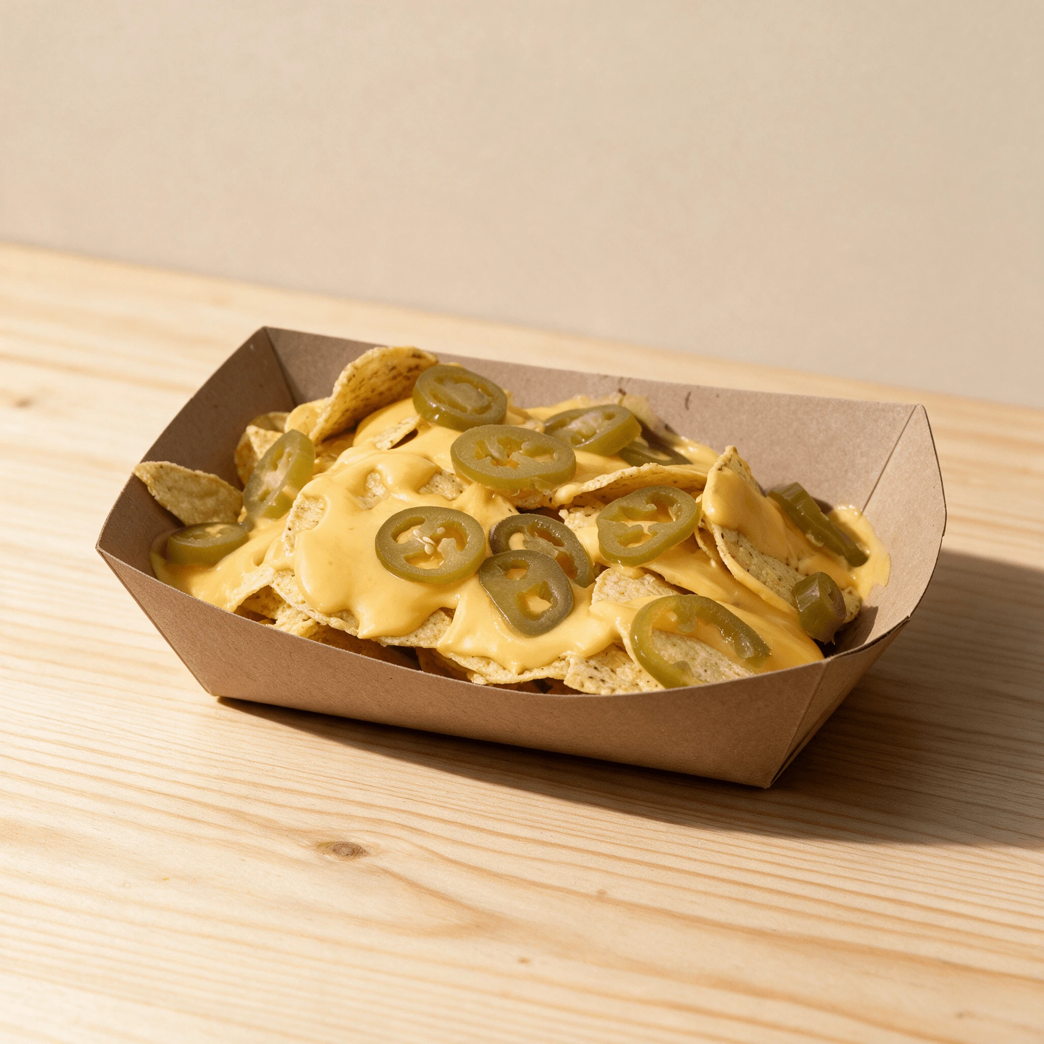 single tray of loaded nachos with melted cheese and jalapeno rings on a stainless counter
