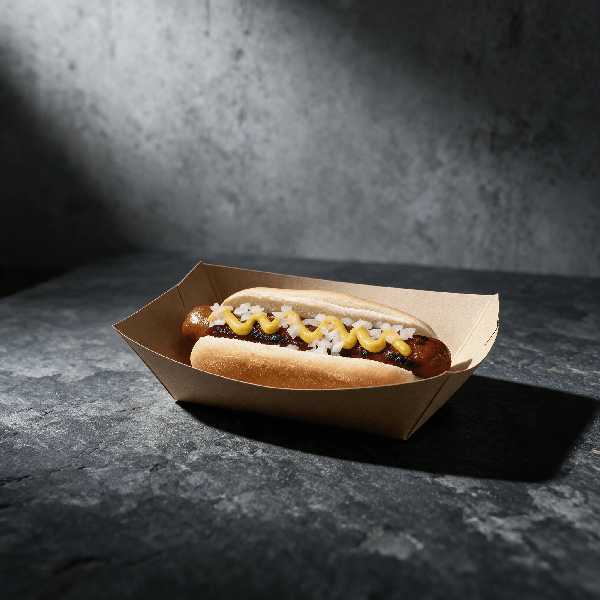 Single roller grill hot dog with a mustard stripe and diced onion in a plain paper tray