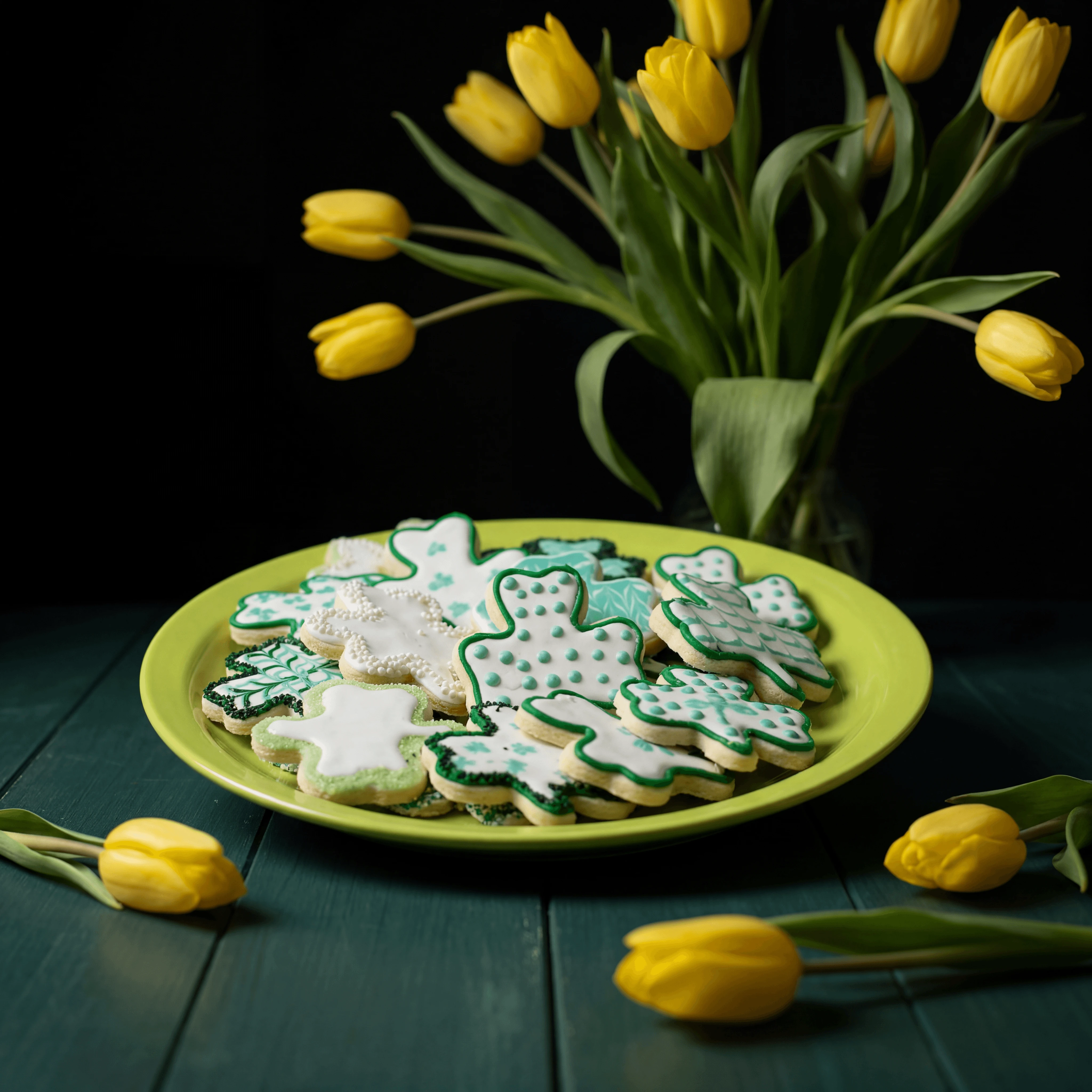 Biscuiți din zahăr cu ouă pestrițe pastel de Paște, cu glazură regală și lalele — fotografie de biscuiți decorați artizanali