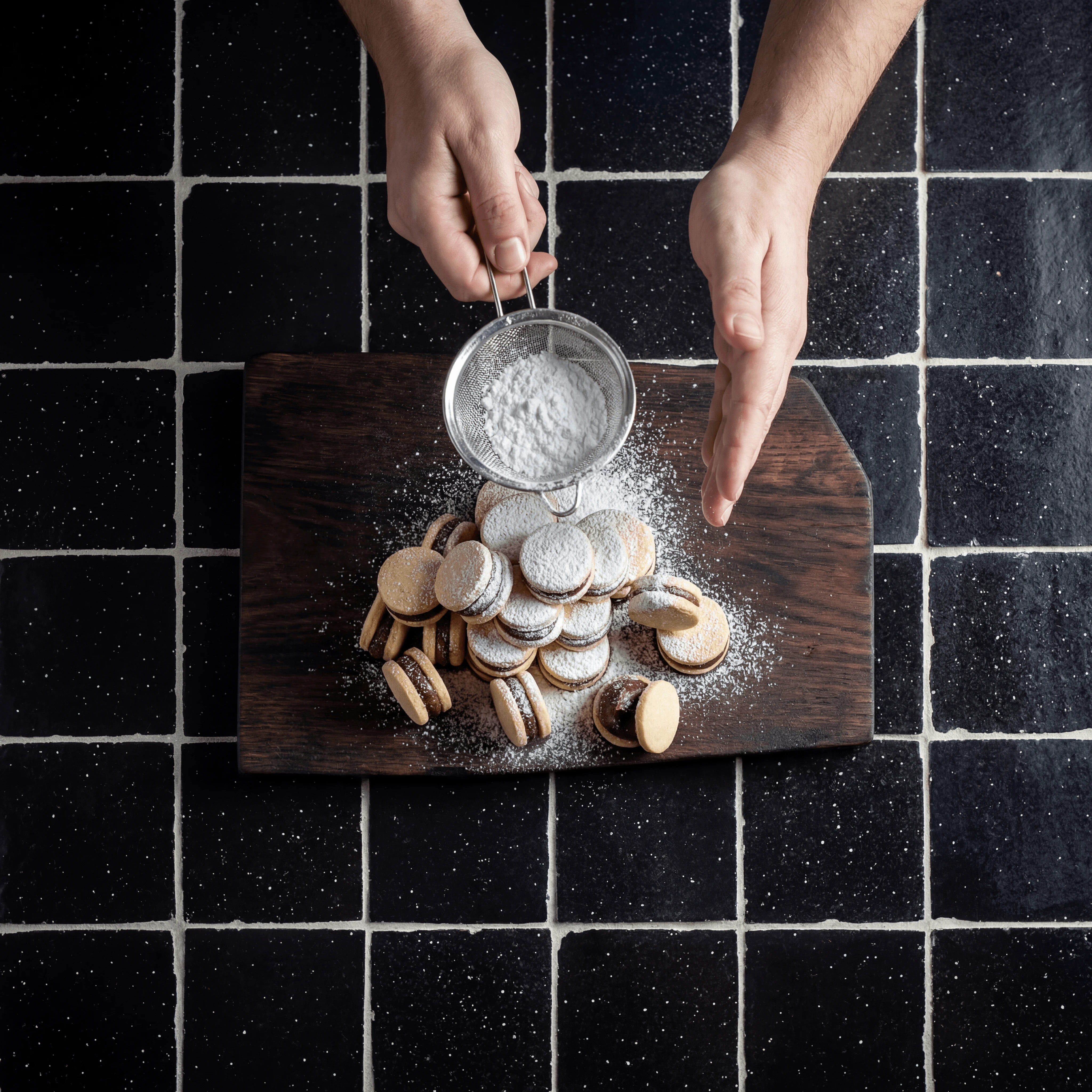 Alfajor secționat cu caramel dulce de leche care curge pe gresie zellige întunecată — fotografie de biscuiți umpluți argentinieni