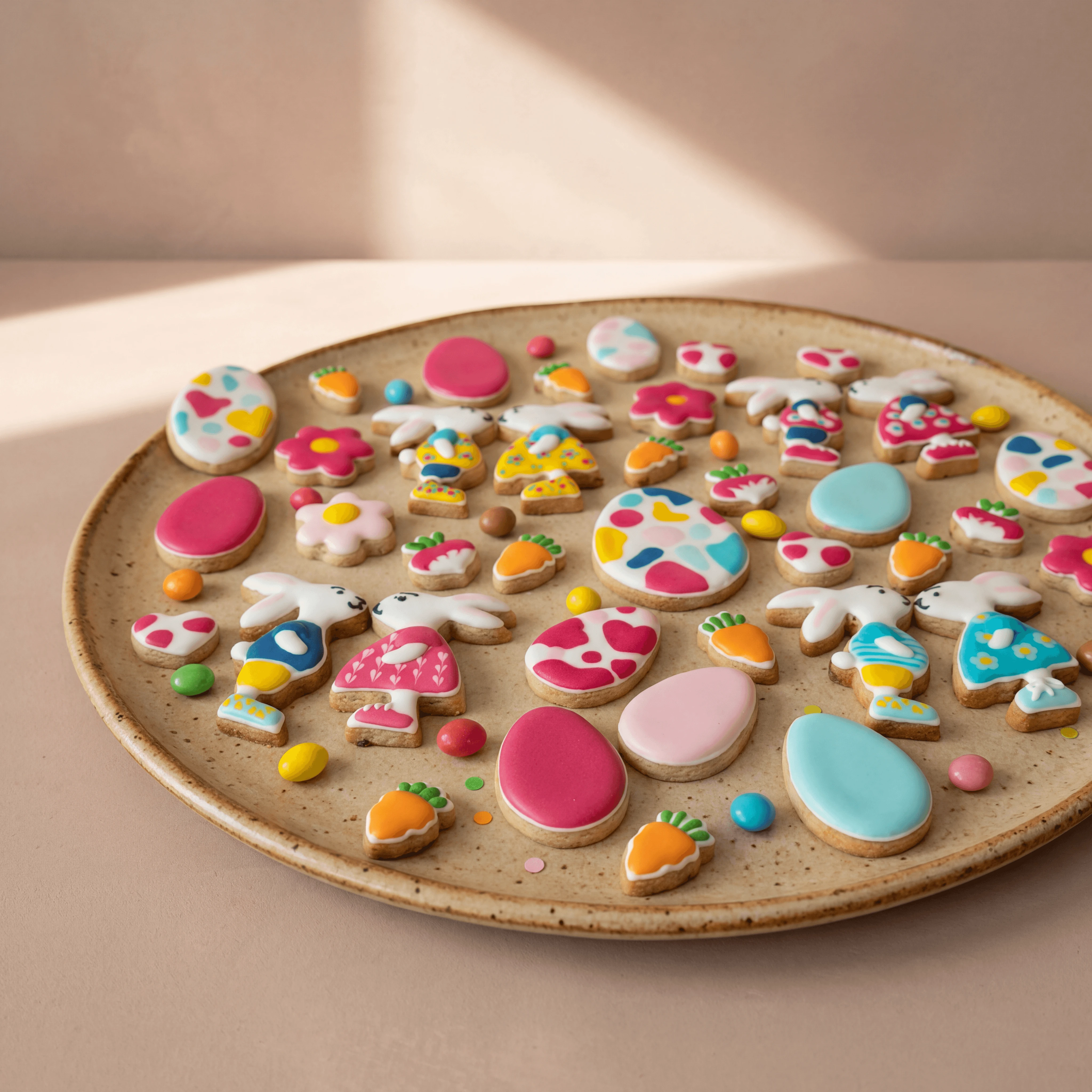 Biscuiți din zahăr glasați manual cu glazură regală florală pe tencuială roz pal — fotografie de biscuiți decorați britanici