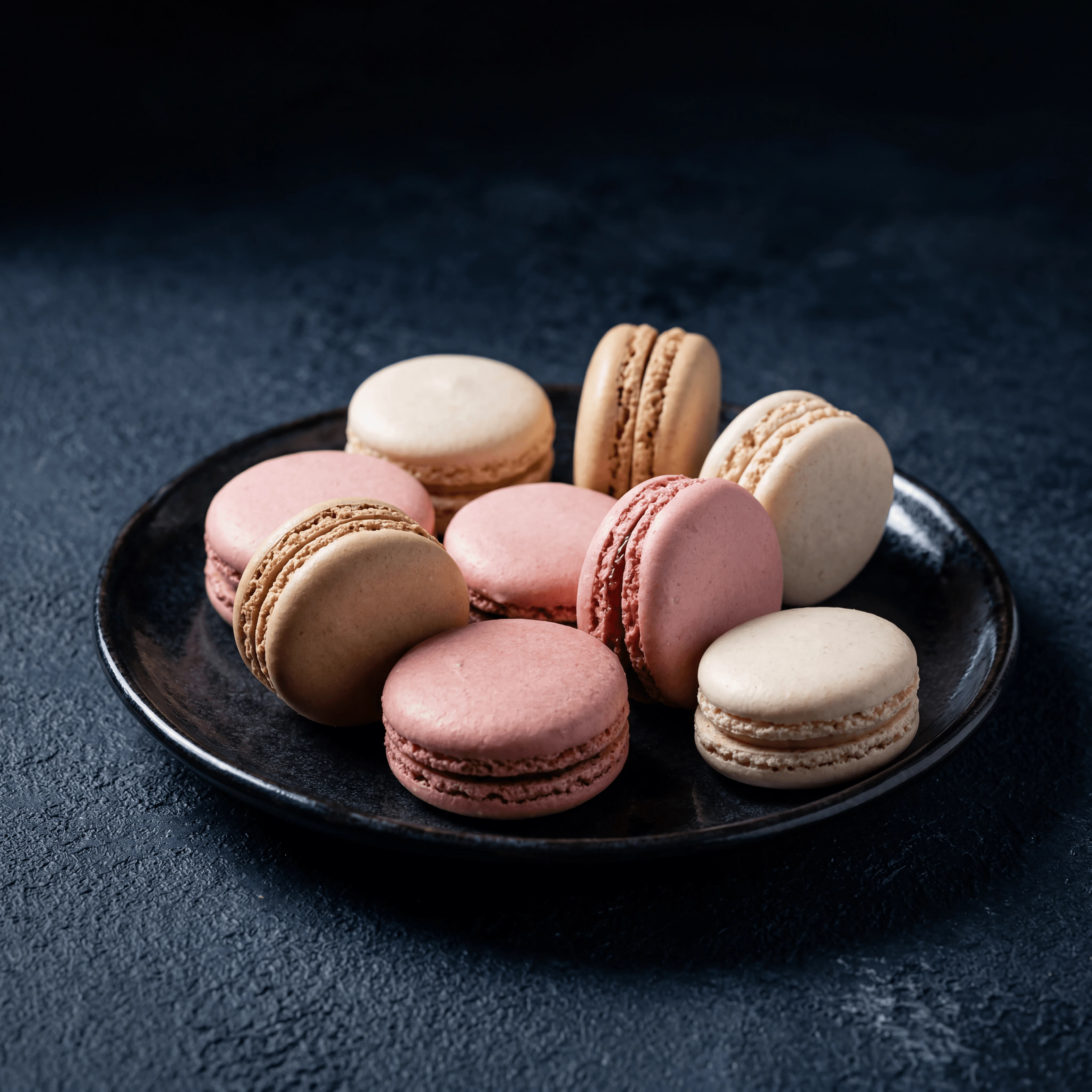 Macarons trandafir cu ganache de zmeură și lychee pe ardezie întunecată — fotografie de macarons franțuzești