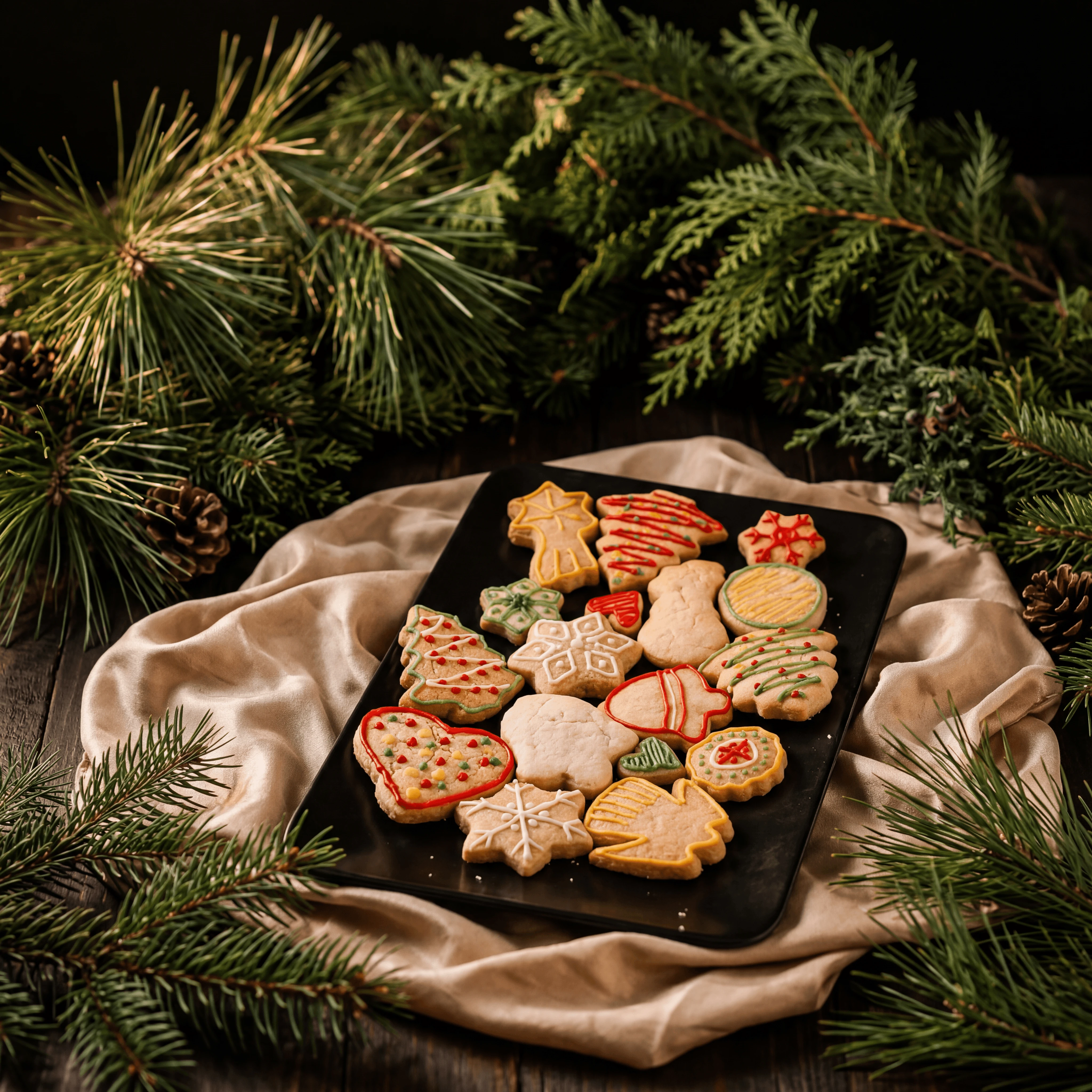 Biscuiți subțiri pepparkakor cu ghimbir suedezi, proaspăt copți pe tavă cu pin de iarnă — fotografie de biscuiți de Crăciun scandinavi