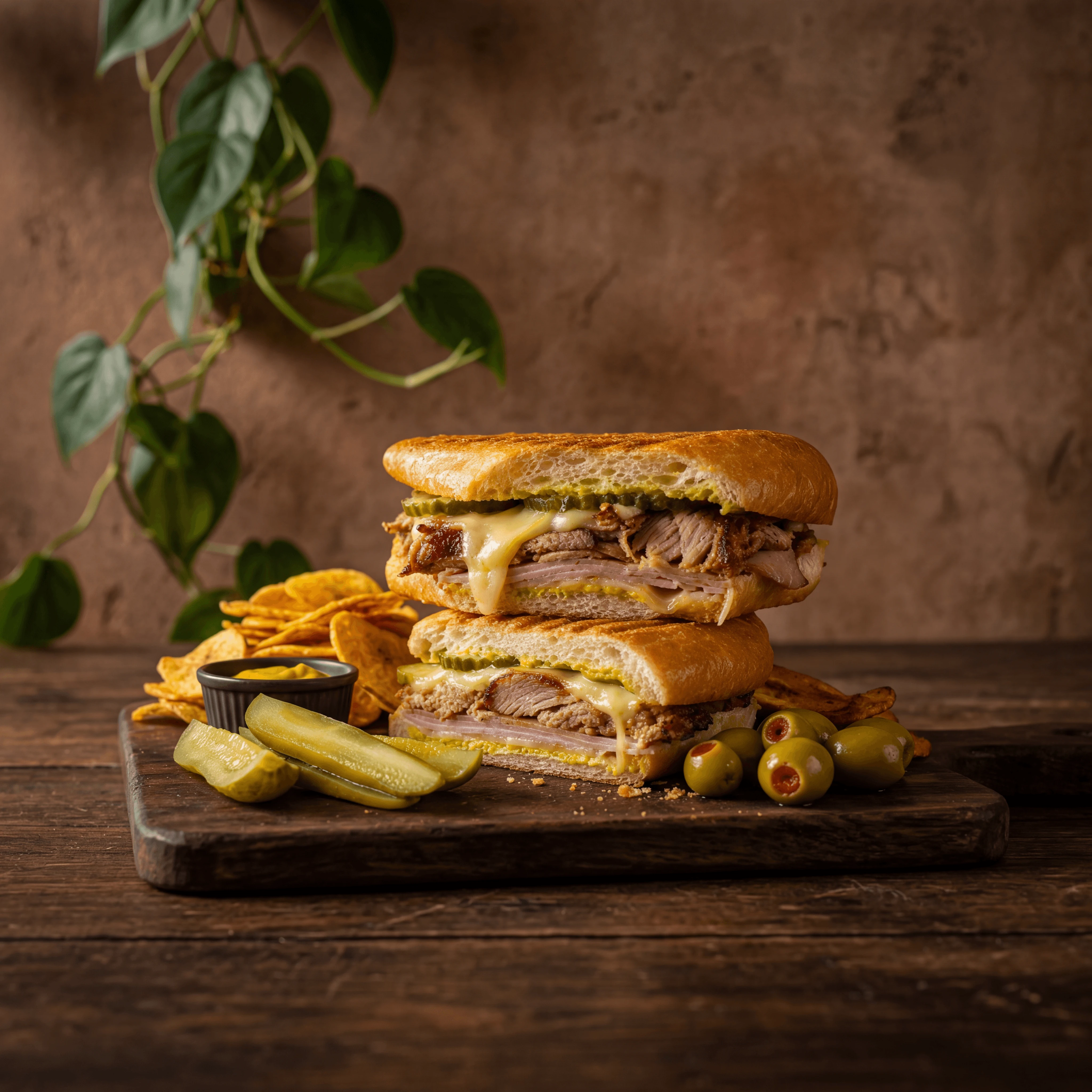 Cuban sandwich cubano cross section stack dramatic rustic plancha pressed — cuban sandwich card photography