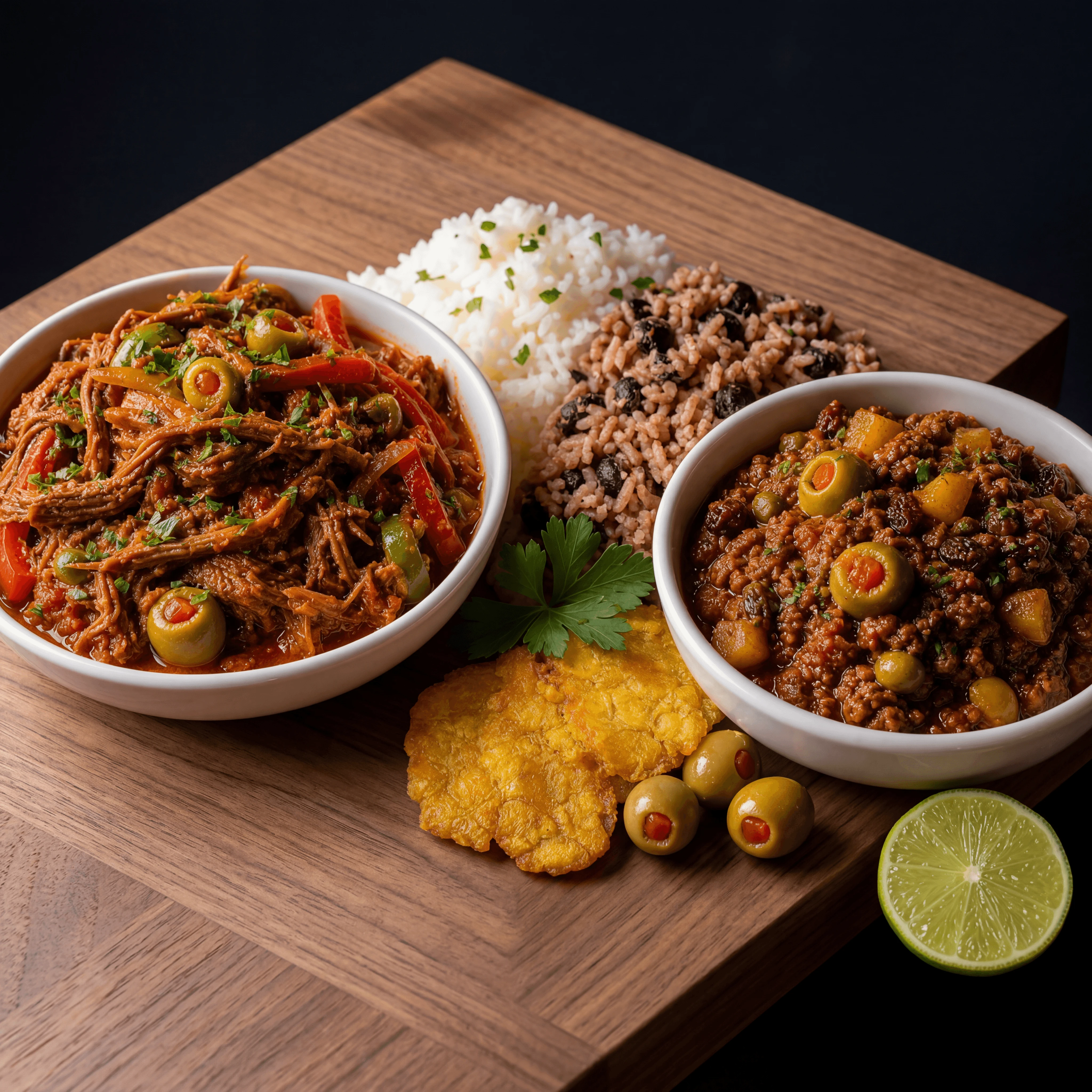 Ropa vieja picadillo Cuban beef stews bowls rice dark walnut — ropa vieja card photography
