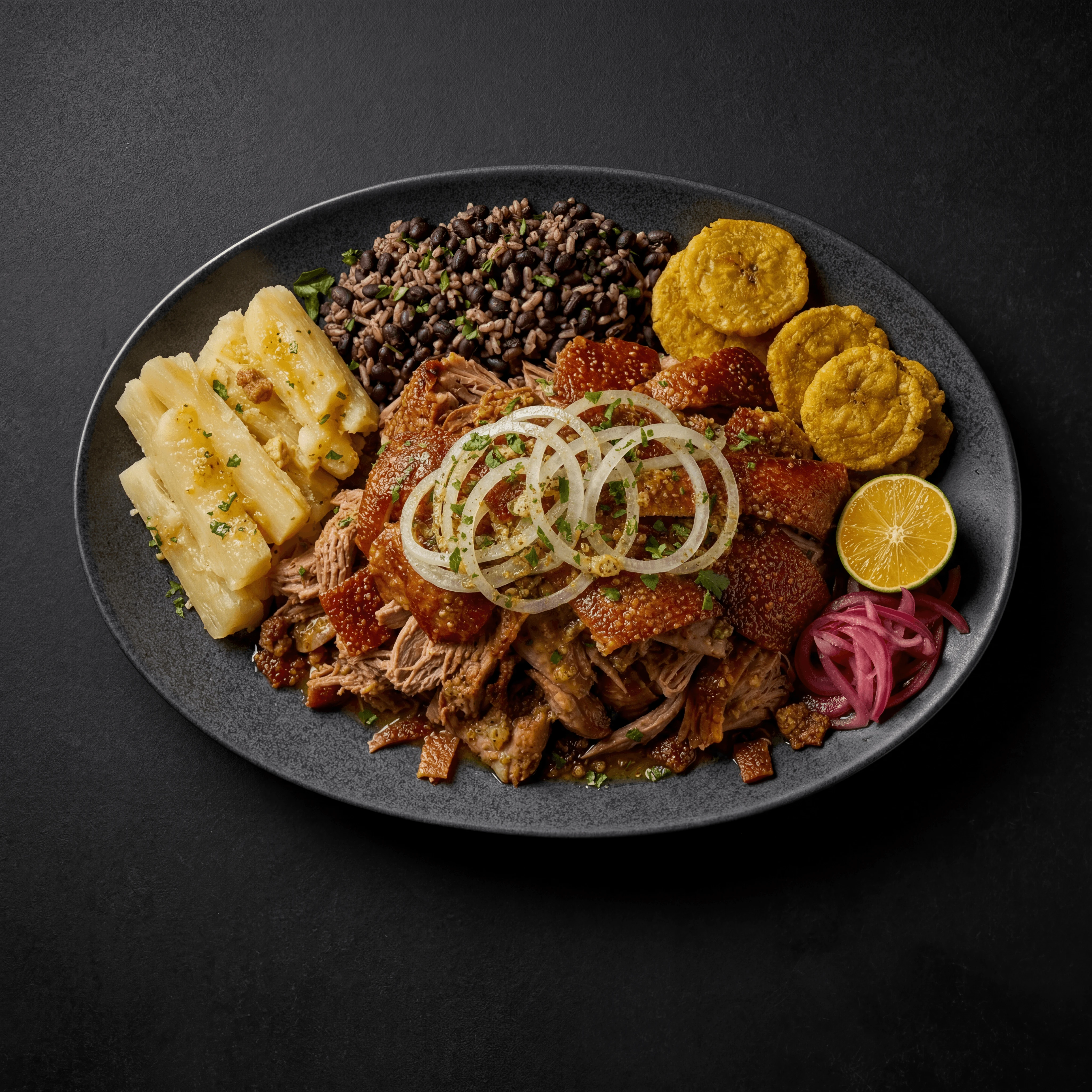 Lechon asado roast pork mojo crispy skin dramatic dark Cuban platter — lechon card photography