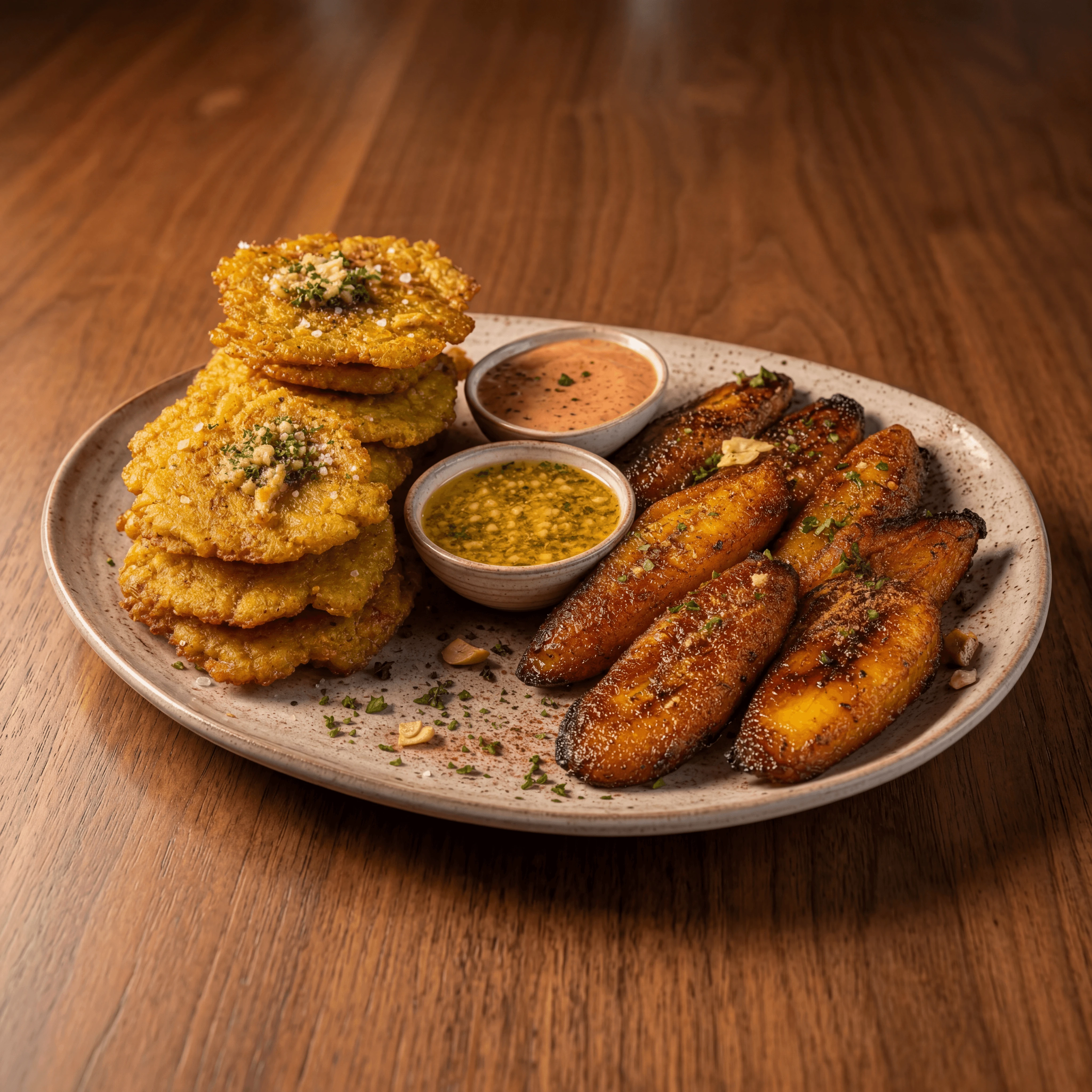 Tostones maduros Cuban plantains green sweet warm cantina mojo — plantains card photography