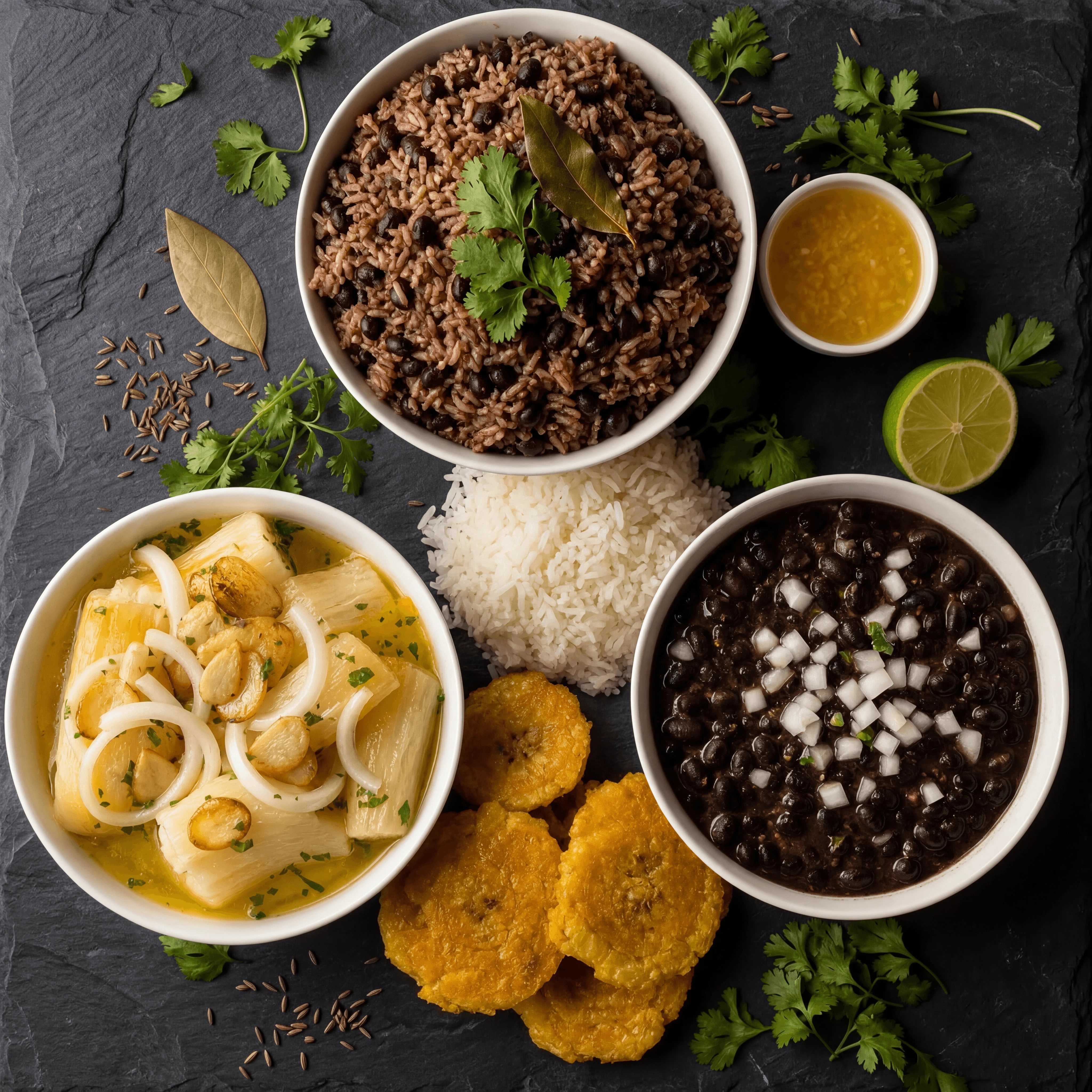 Moros y cristianos black beans rice yuca mojo Cuban sides overhead dark slate — moros card photography