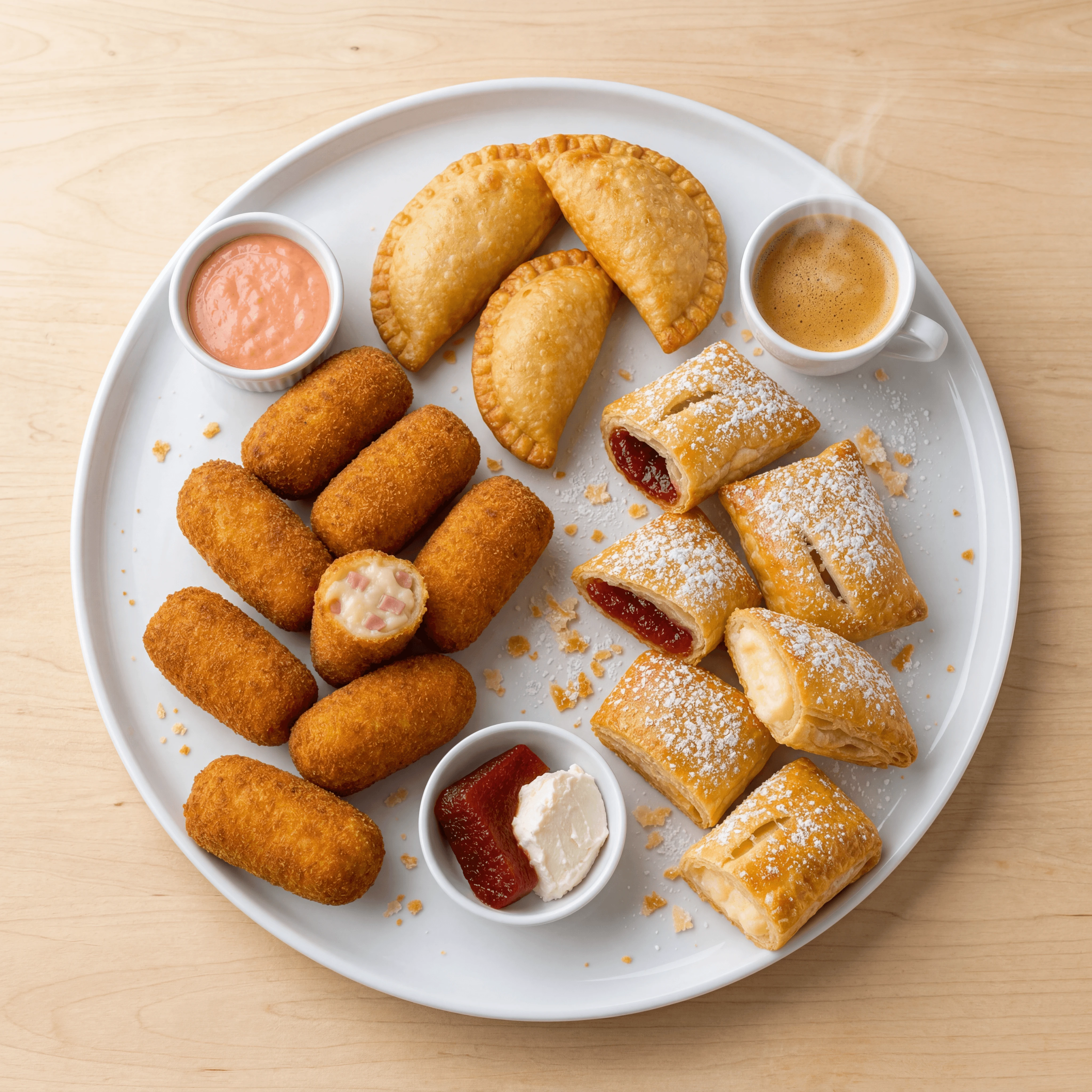Croquetas pastelitos Cuban croquettes guava pastries overhead light wood — croquetas card photography