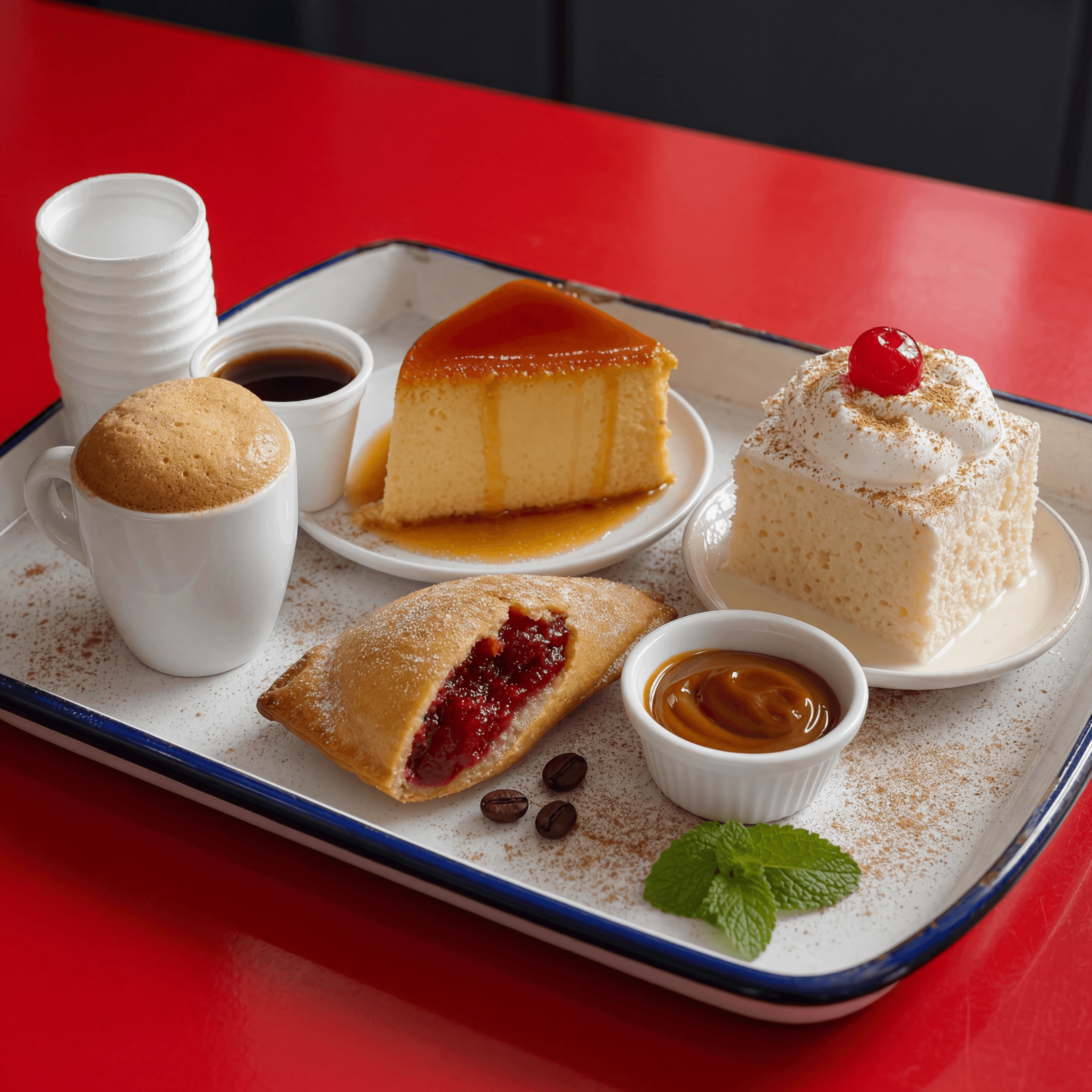 Cafe cubano espresso flan tres leches Cuban desserts red cafe sweets — cafe cubano desserts card photography