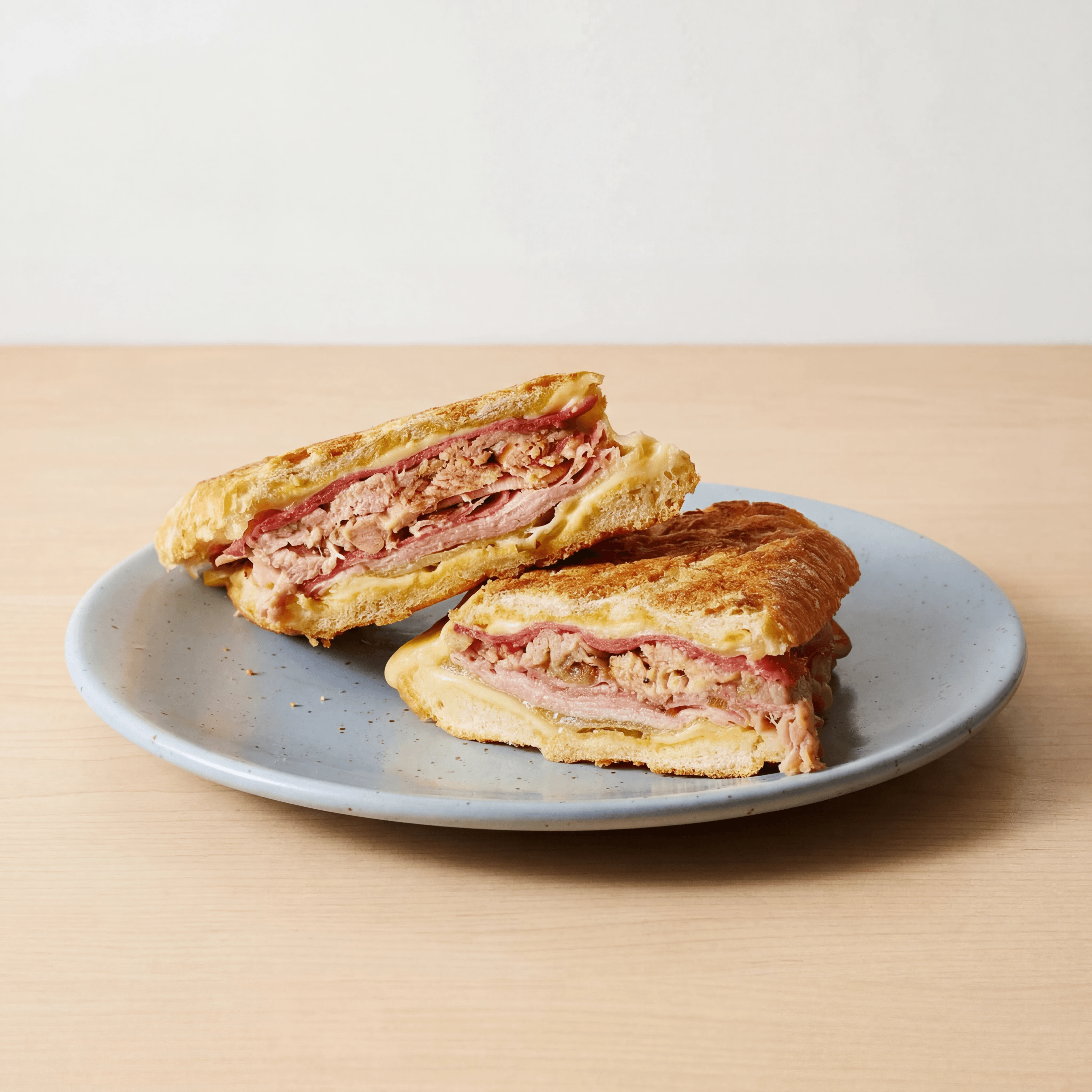 Cuban sandwich cubano cross section ham pork Swiss pickle plancha pressed board — cuban sandwich hero photography