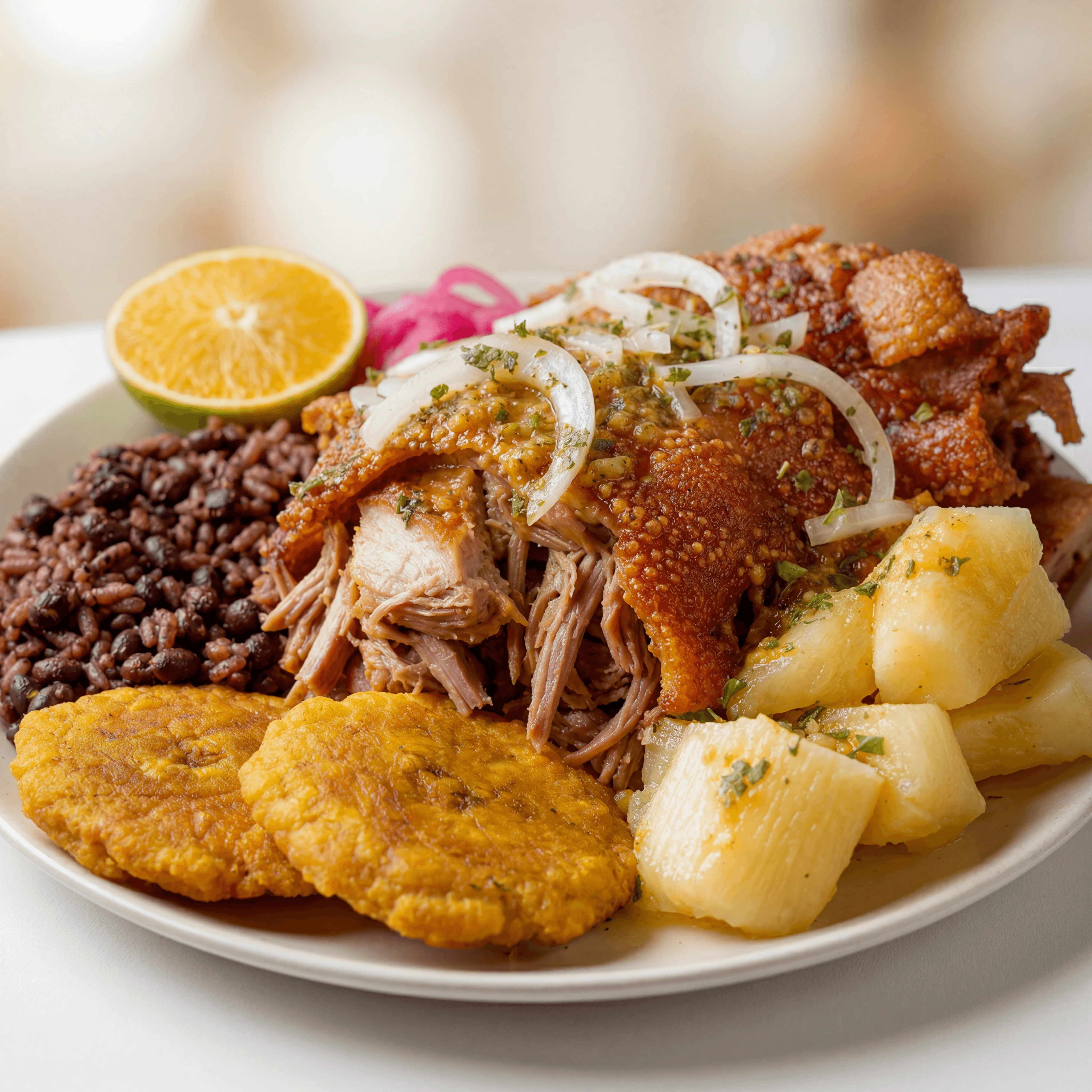 Lechon asado roast pork mojo crispy skin garlic citrus board — lechon hero photography