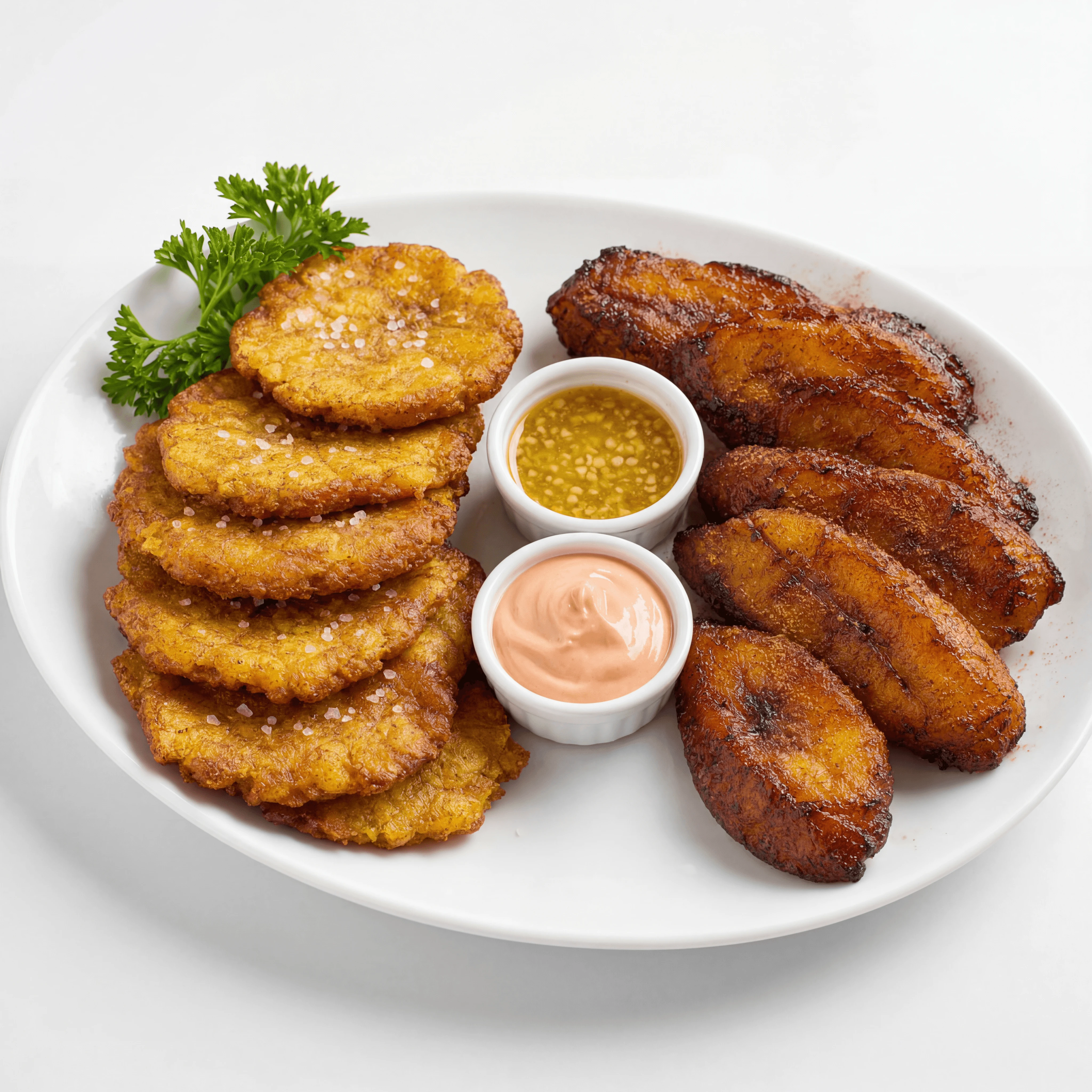 Tostones maduros plantains twice fried green sweet caramelized plate — plantains hero photography