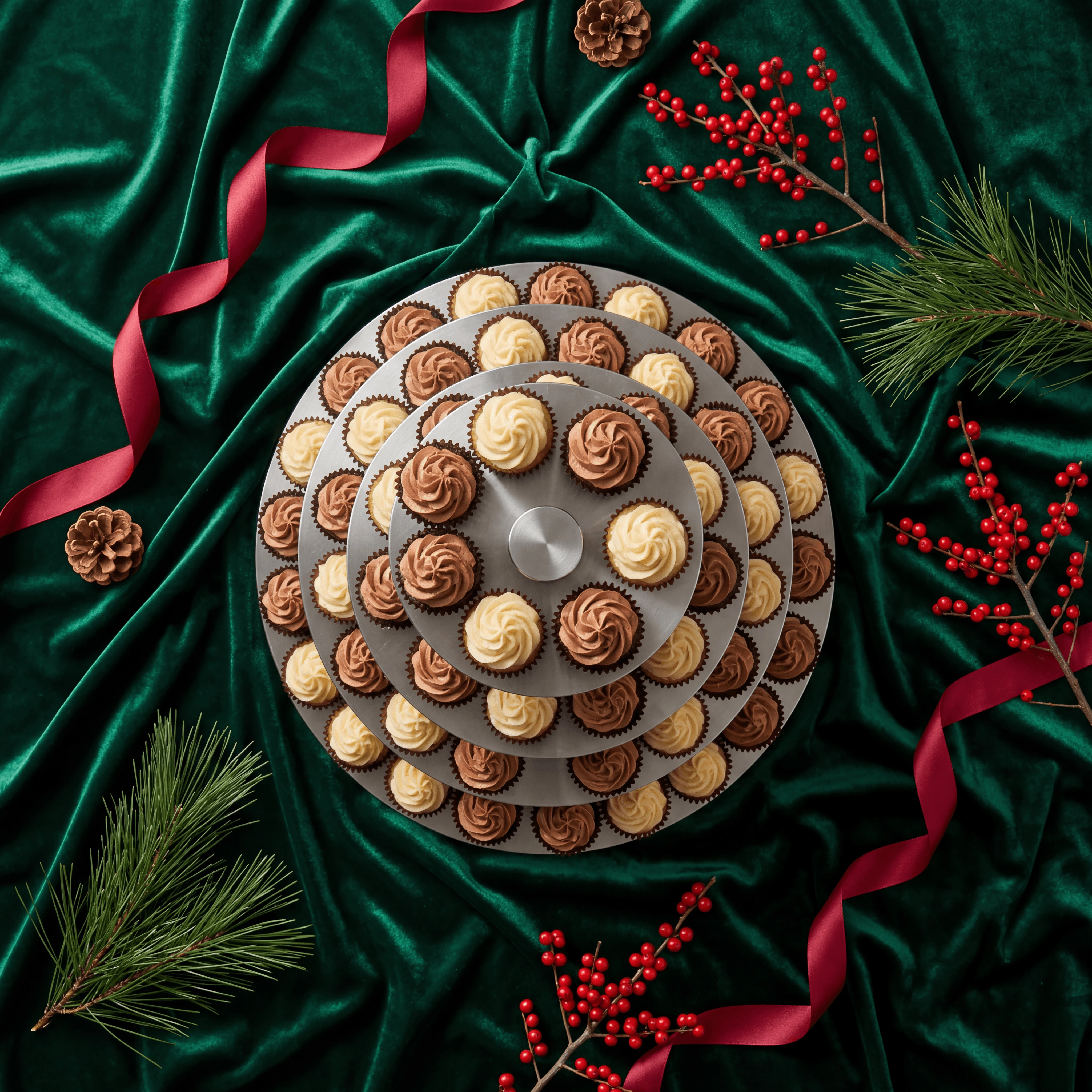 Five-tier silver cupcake tower at wedding reception — event cupcake photography