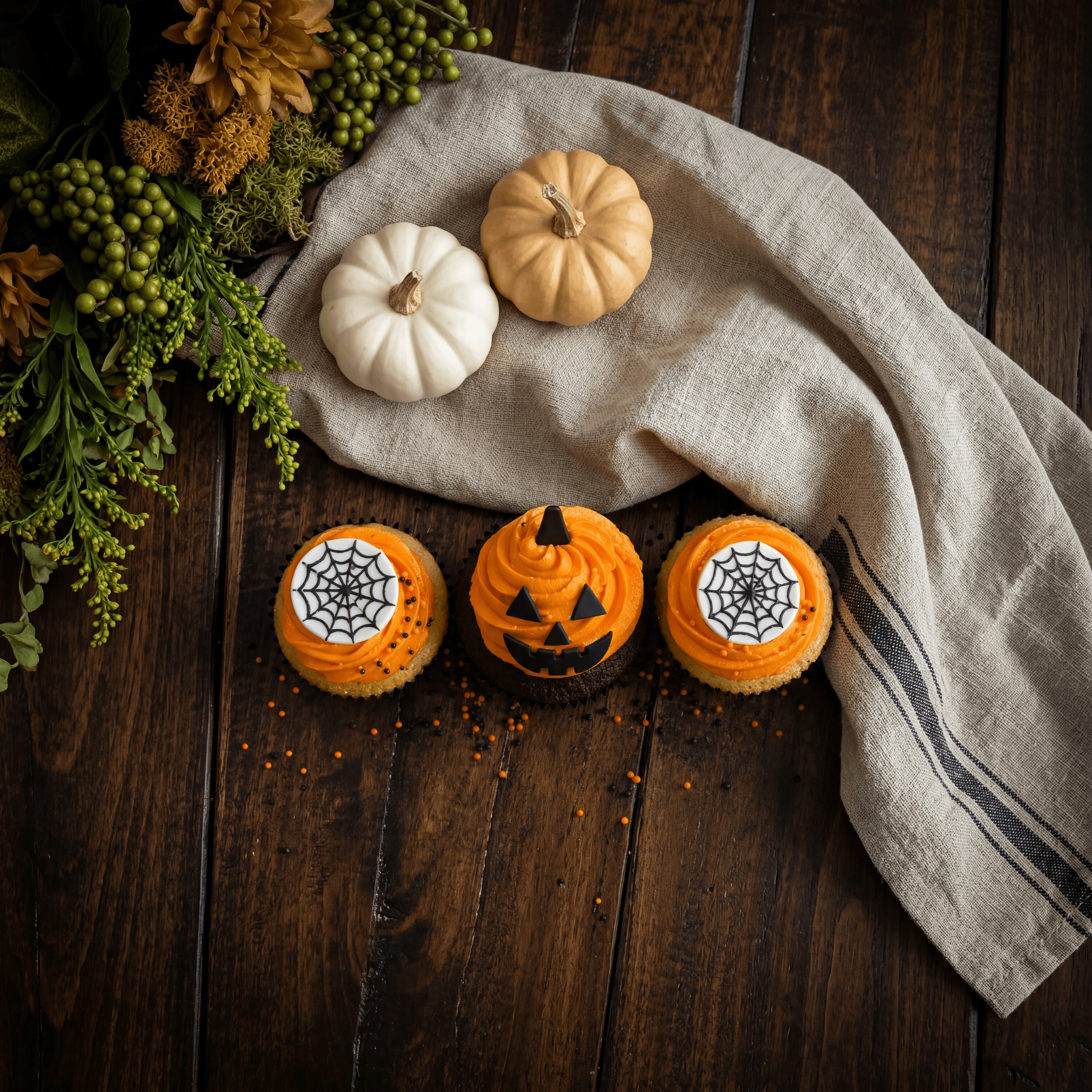 Halloween jack-o-lantern orange swirl cupcakes with spider web — seasonal cupcake photography