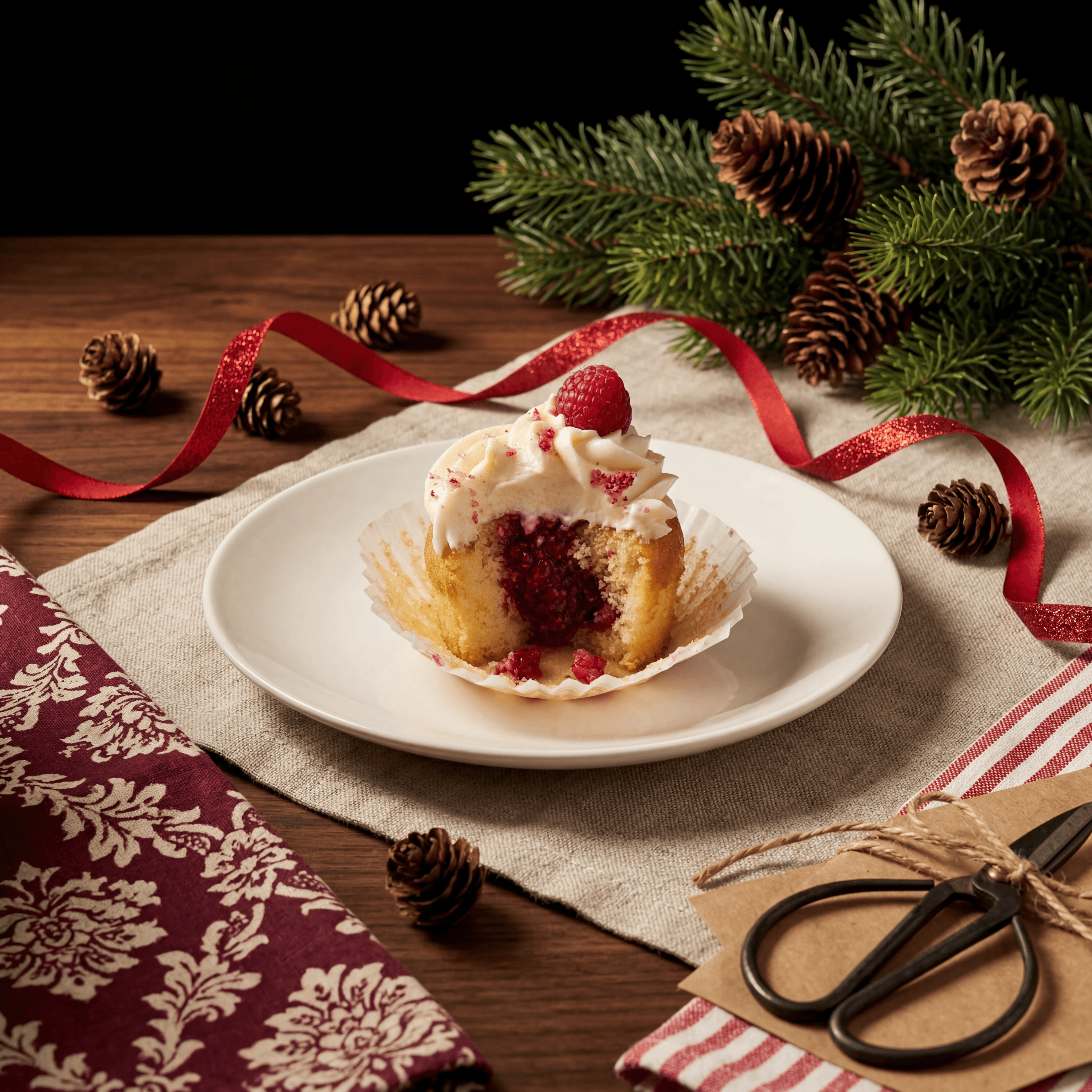 Cross-section bitten raspberry-jam-filled cupcake — gourmet cupcake photography