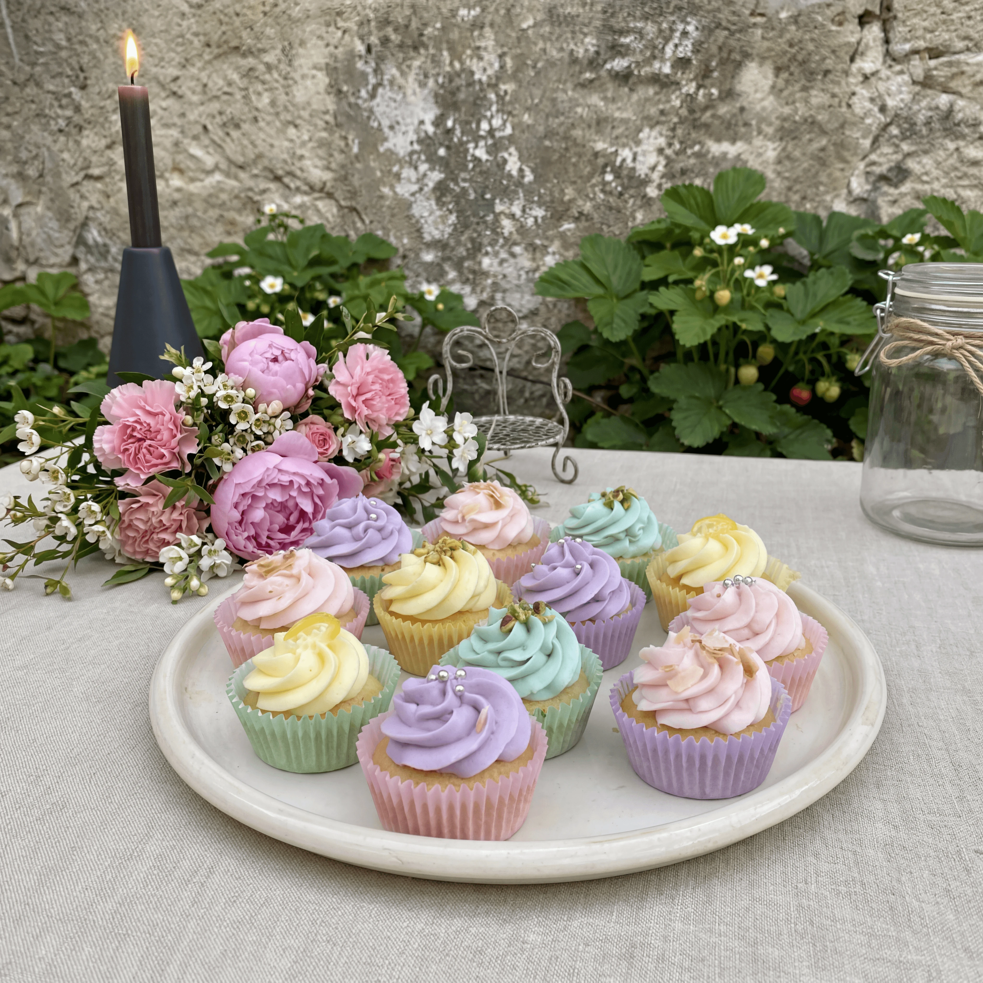 Mini cupcake variety platter with assorted pastel frostings — variety cupcake photography