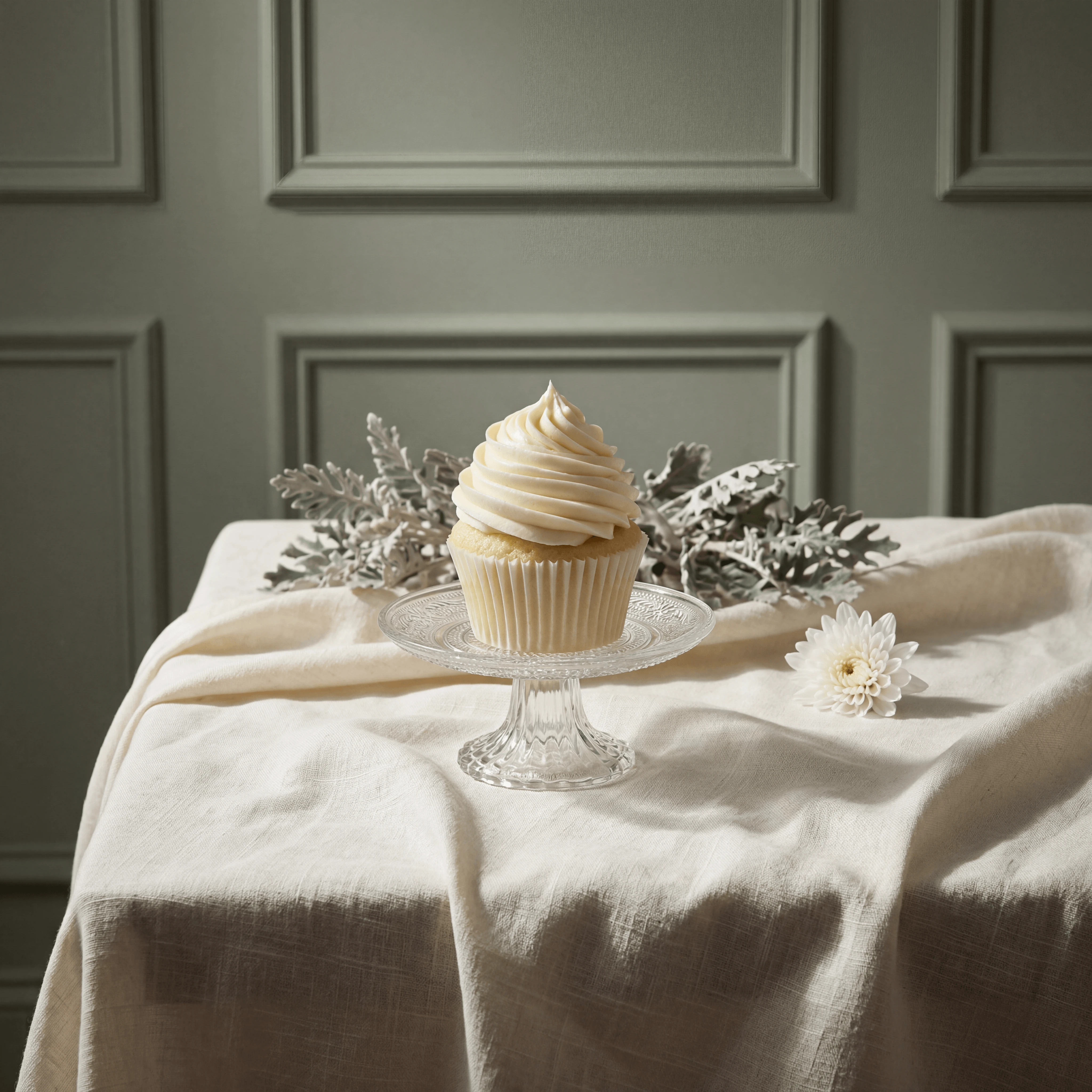 Iconic vanilla buttercream rosette cupcake on marble — signature cupcake photography