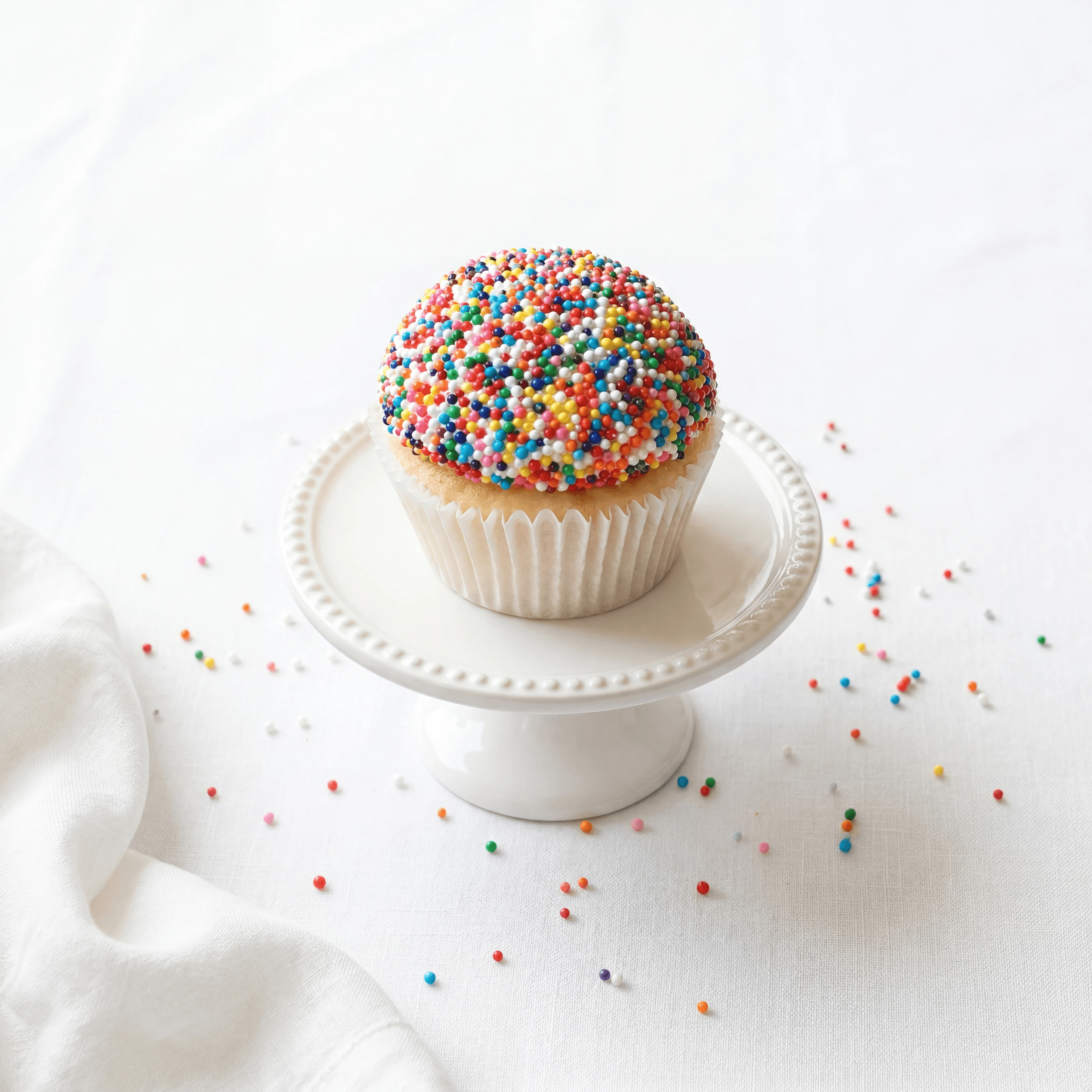 Rainbow nonpareil sprinkle-encrusted vanilla cupcake — bakery cupcake photography
