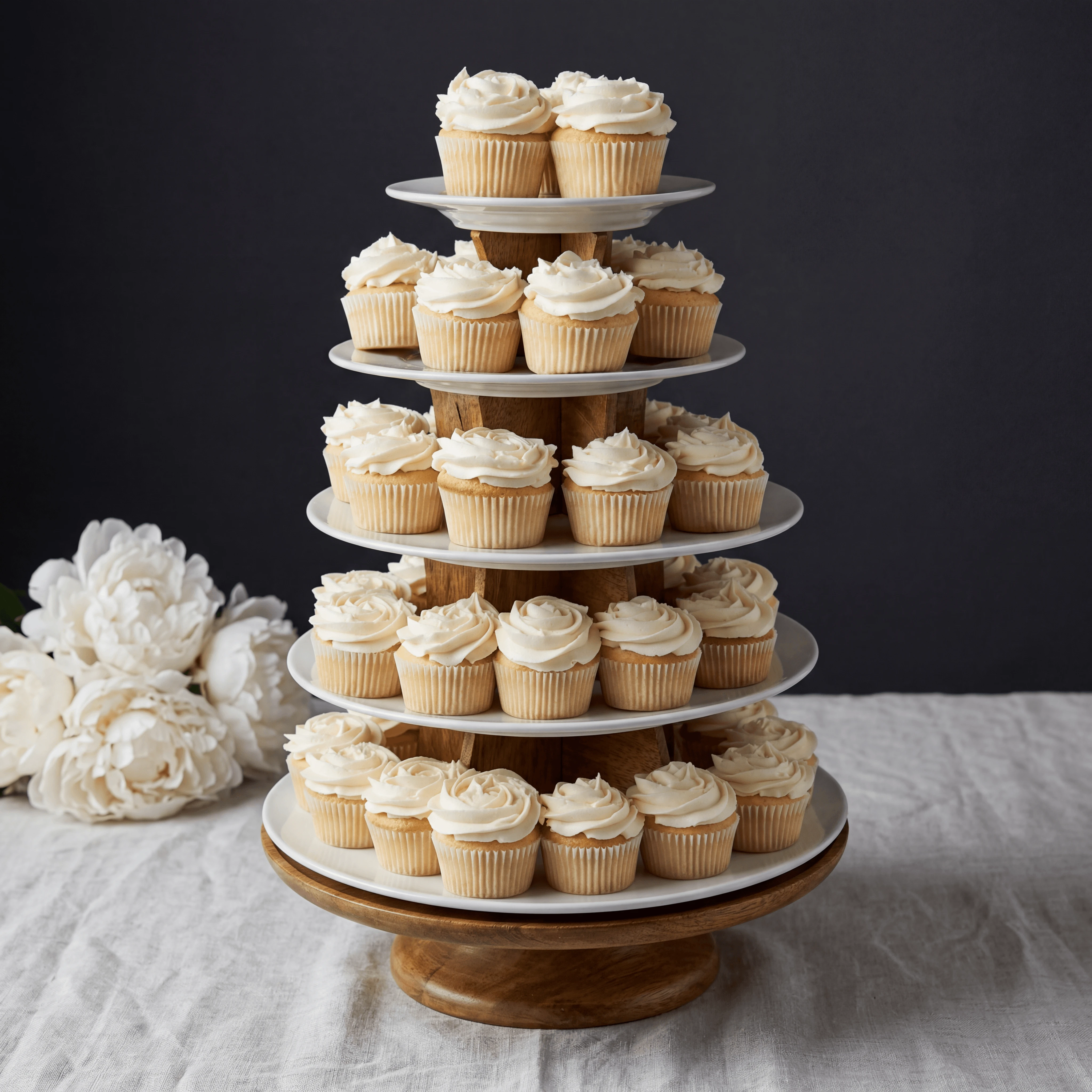 Multi-tier white wedding cupcake tower with floral piping — wedding cupcake photography