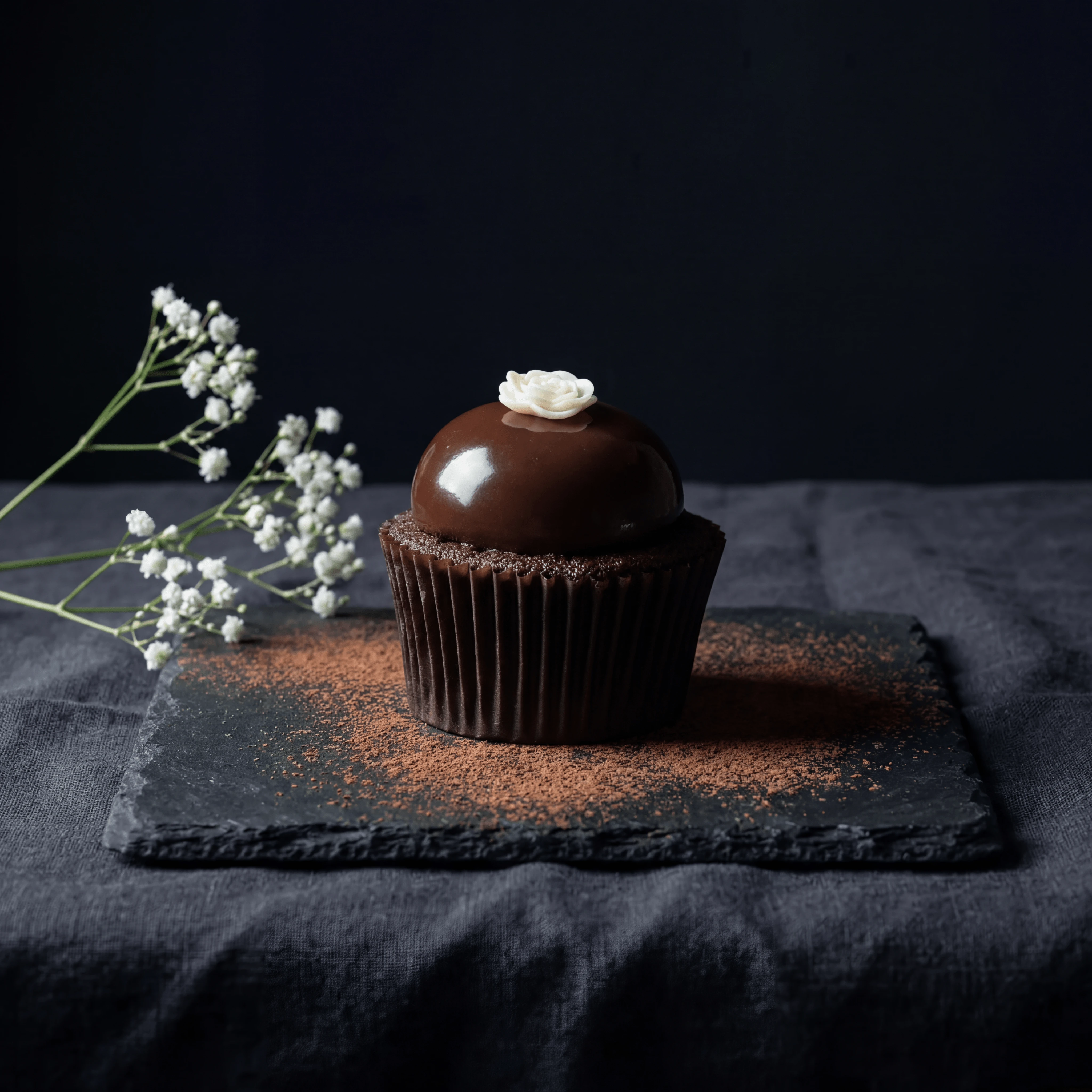 Chocolate ganache cupcake with glossy dark icing — gourmet cupcake photography