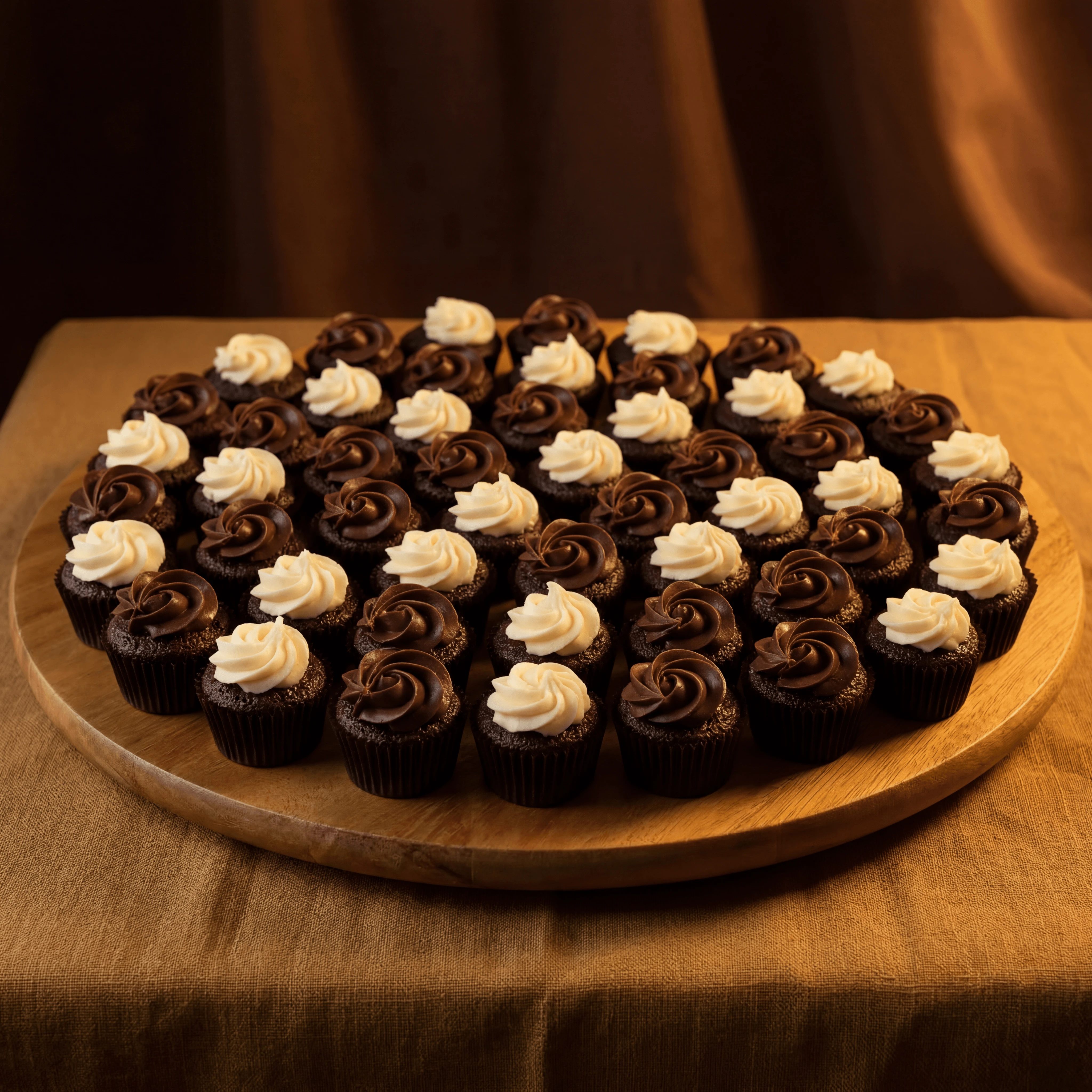 Top-down platter of mini chocolate ganache rosette cupcakes — boxed dozen cupcake photography
