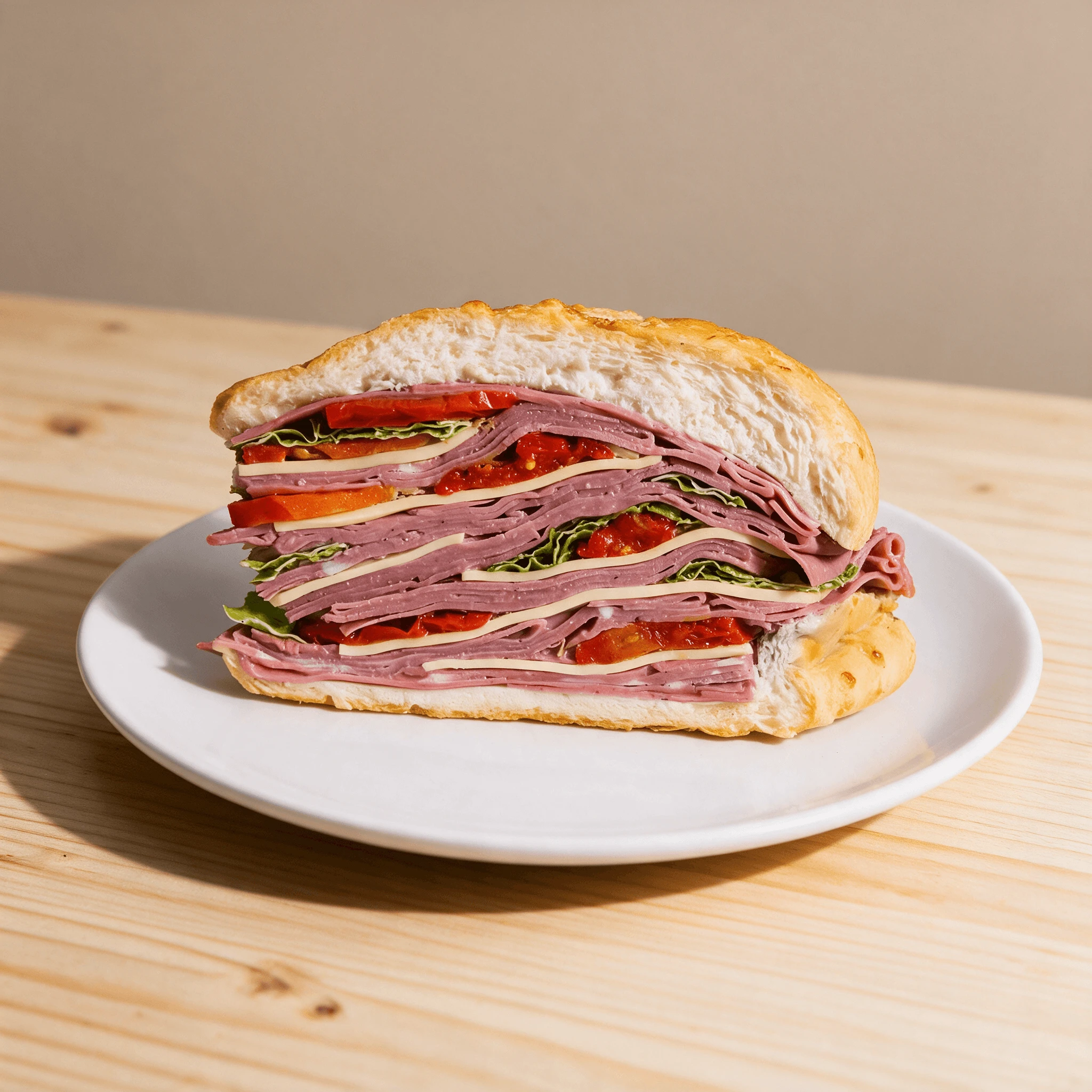 Overstuffed Italian sub cut on a steep bias with layered salami capicola and provolone facing the camera on a pale pine counter