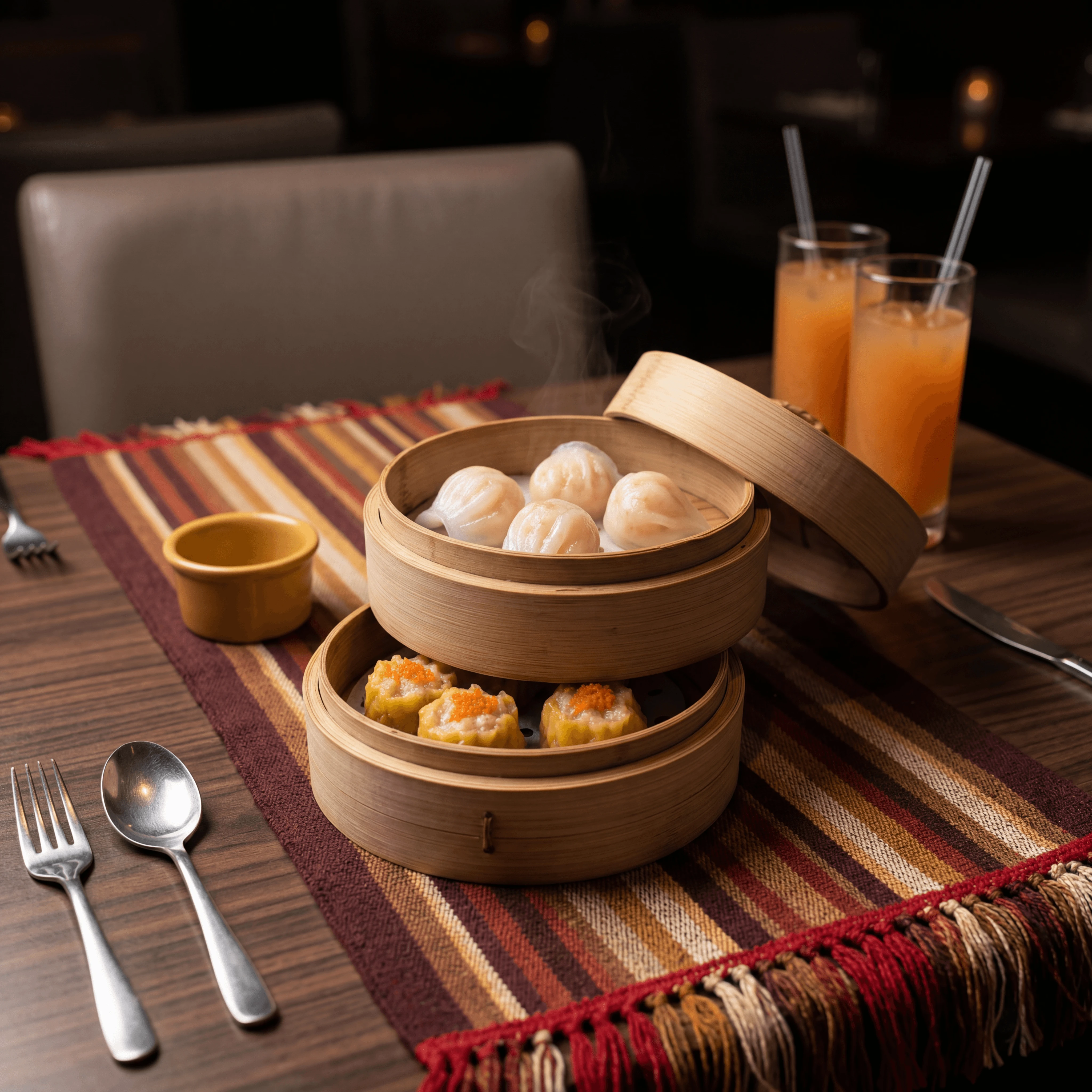Two tier bamboo steamer basket har gow siu mai dim sum — steamer basket card photography
