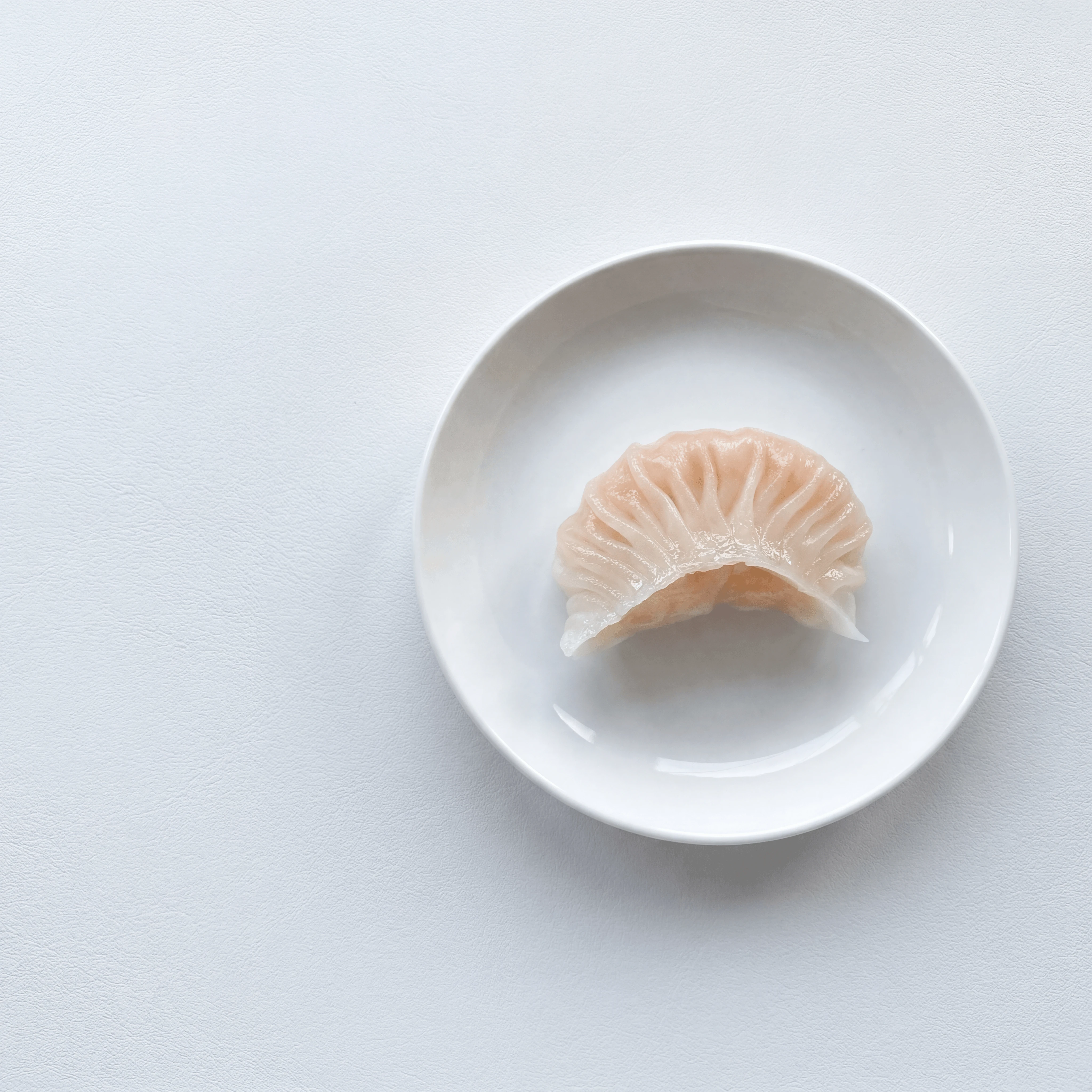 Single har gow crystal translucent skin pleats macro — har gow dumpling card photography