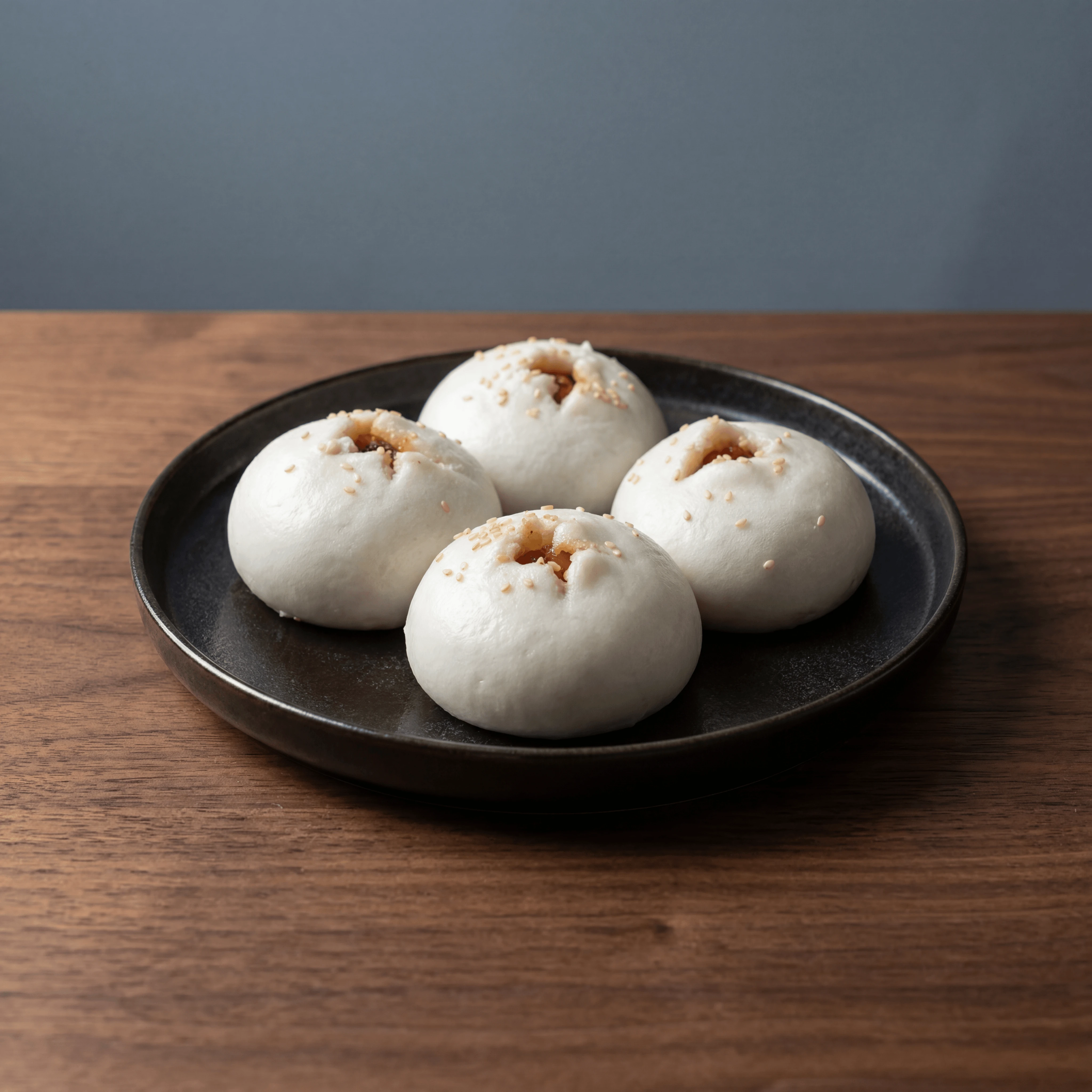 Char siu bao four steamed buns plate red bbq pork — char siu bao card photography