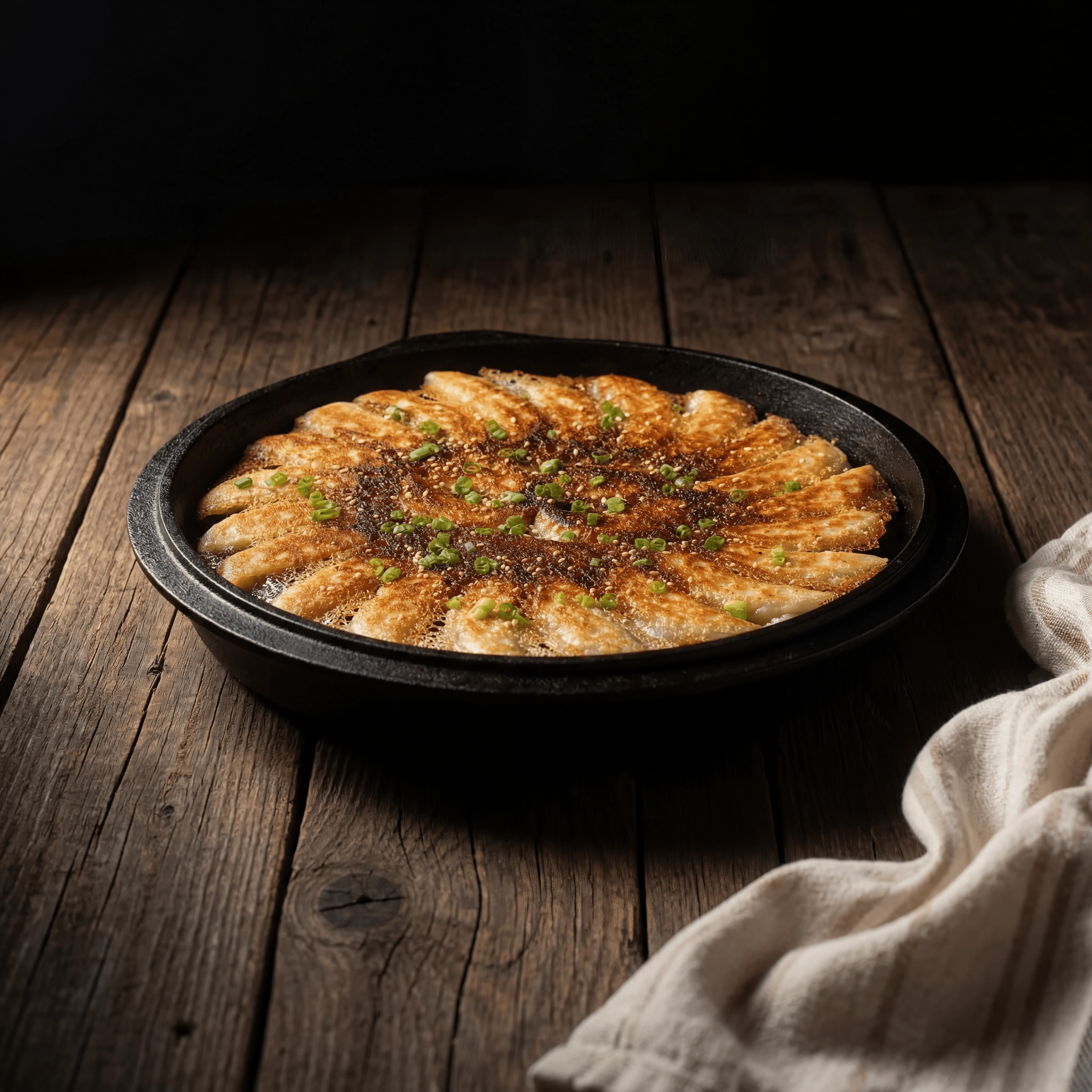Pan fried gyoza potstickers golden brown crescent bottoms up — pan-fried dumpling card photography