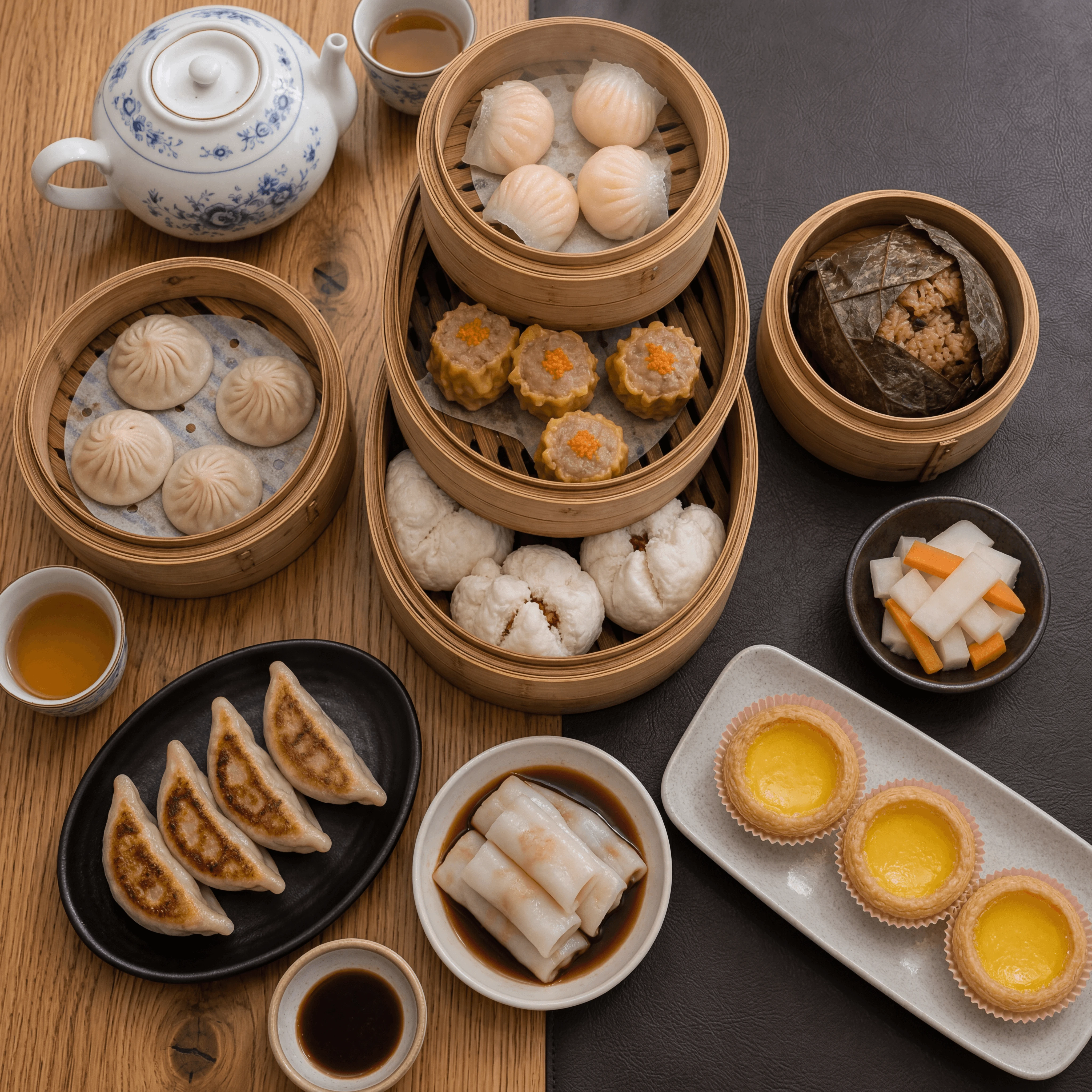 Shared dim sum table multiple bamboo steamers tea overhead — shared table abundance card photography
