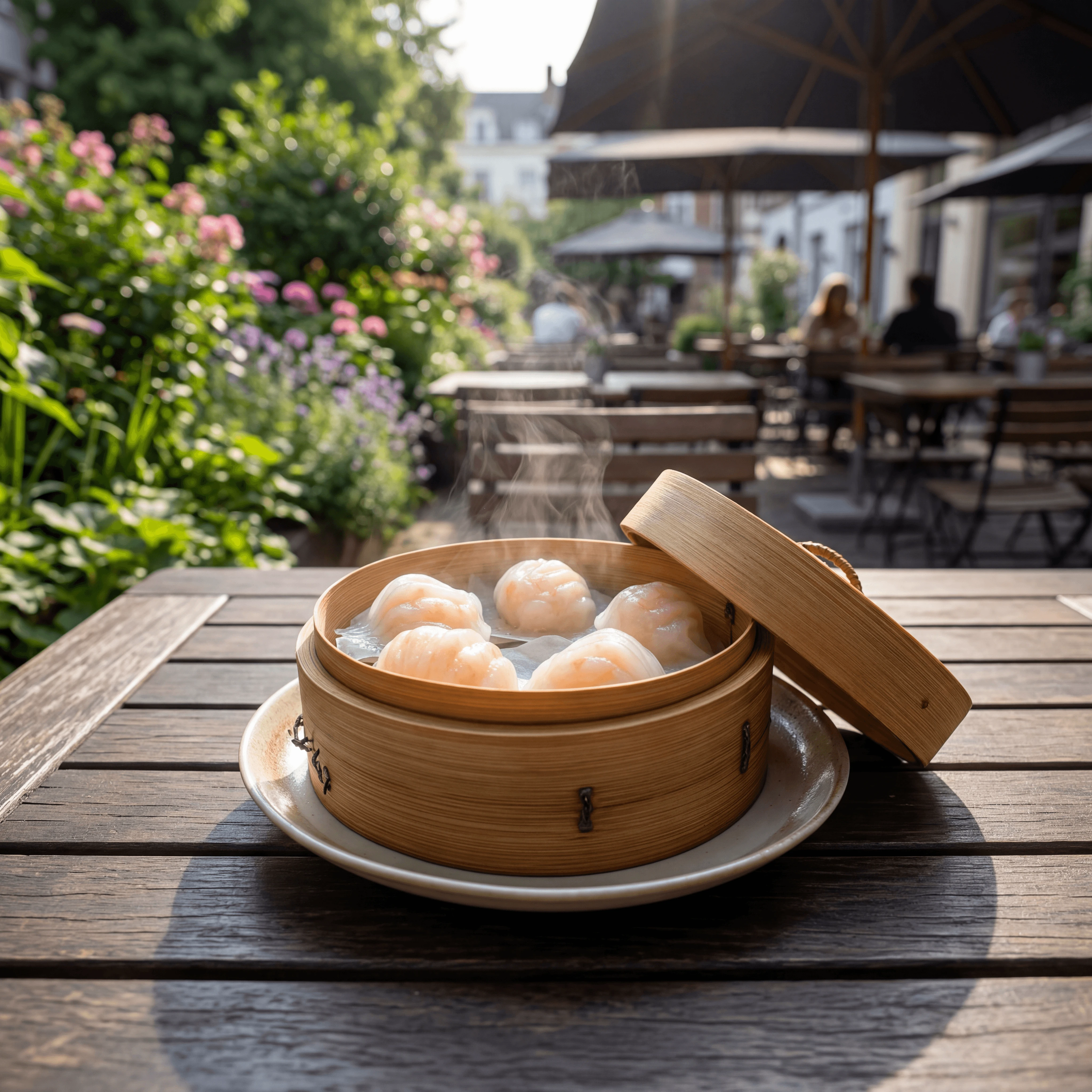 Iconic bamboo steamer har gow shrimp dumplings steam — dim sum FAQ sidebar photography