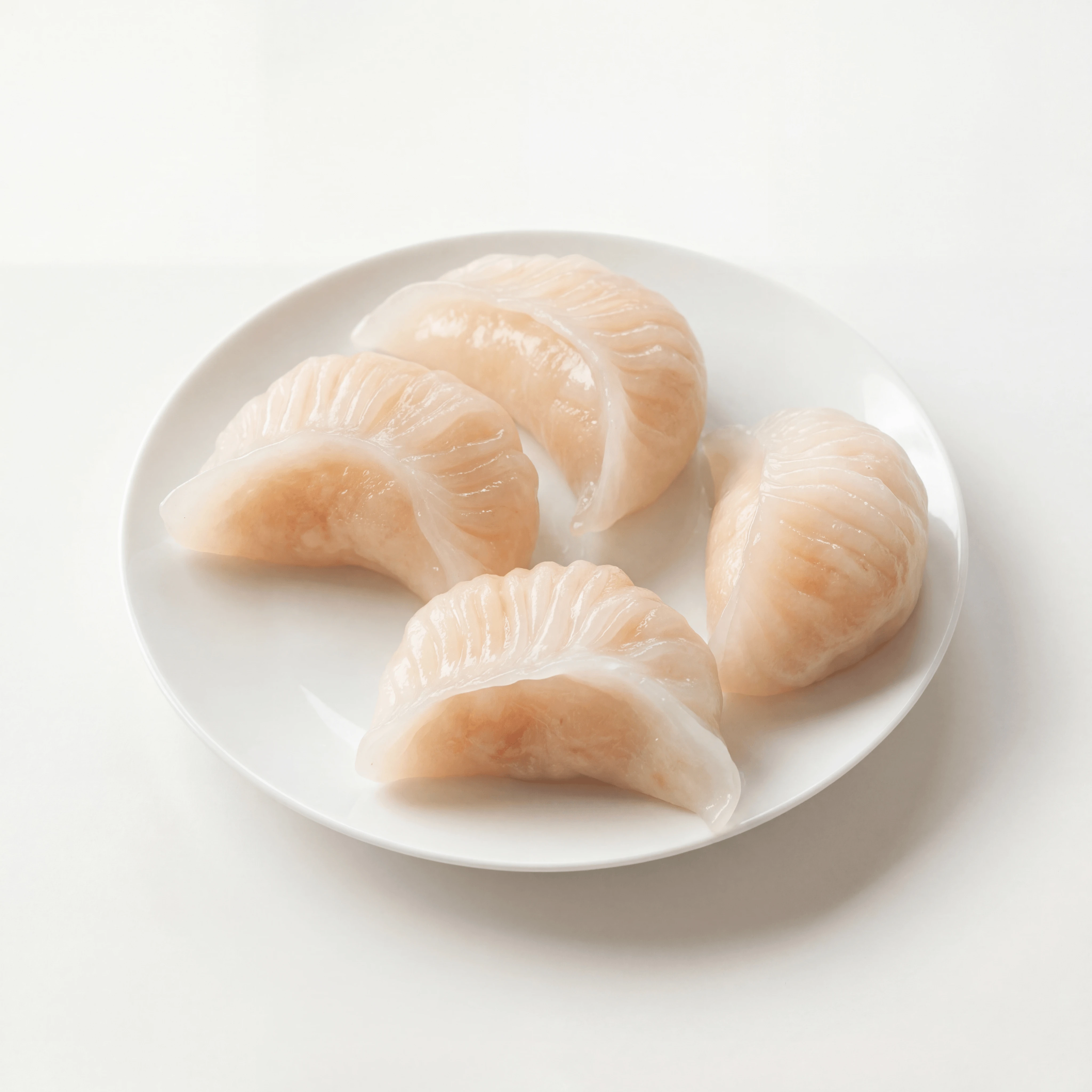 Har gow translucent crystal skin shrimp dumplings pleated — Cantonese har gow hero photography