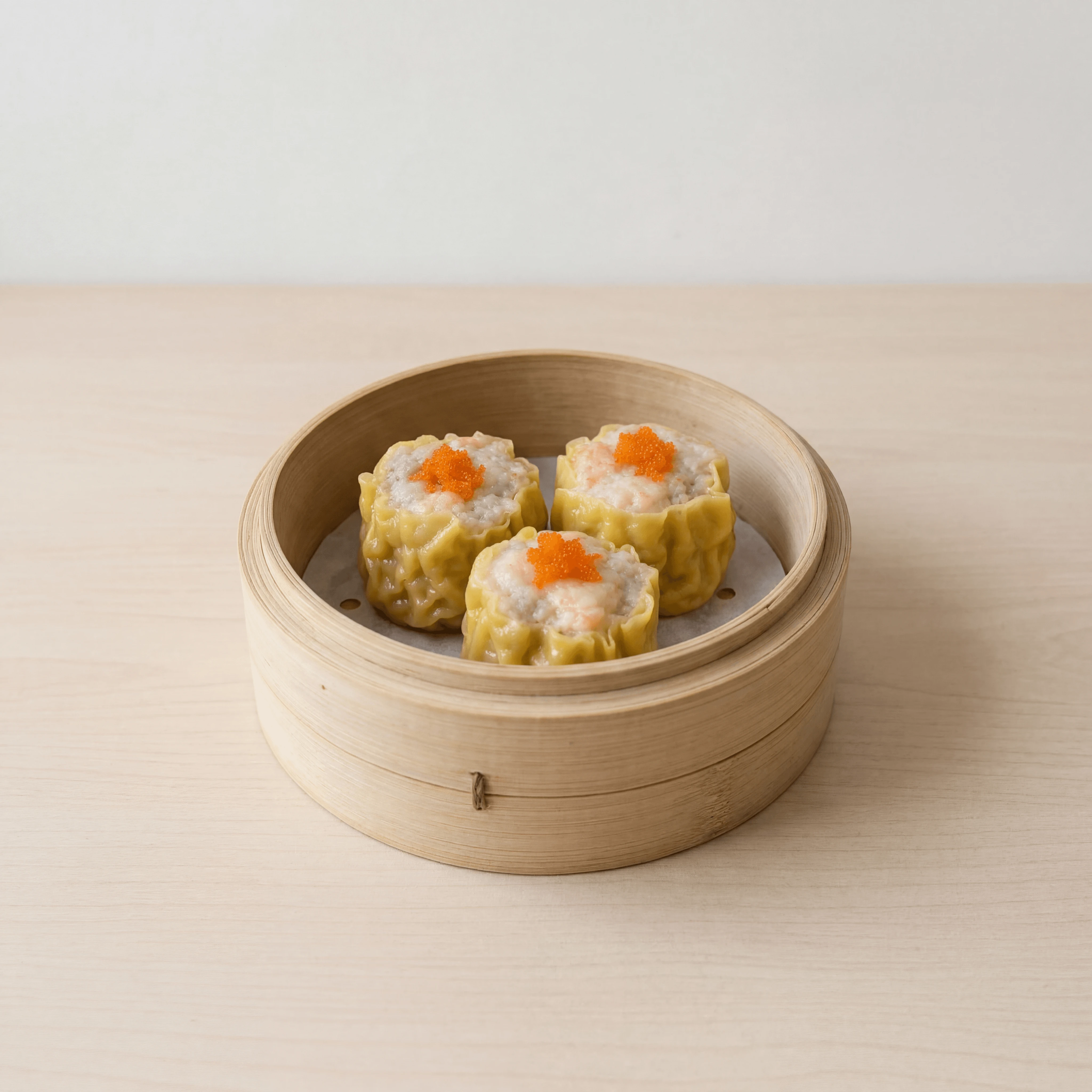 Siu mai open top pork shrimp tobiko orange crown — Cantonese siu mai hero photography