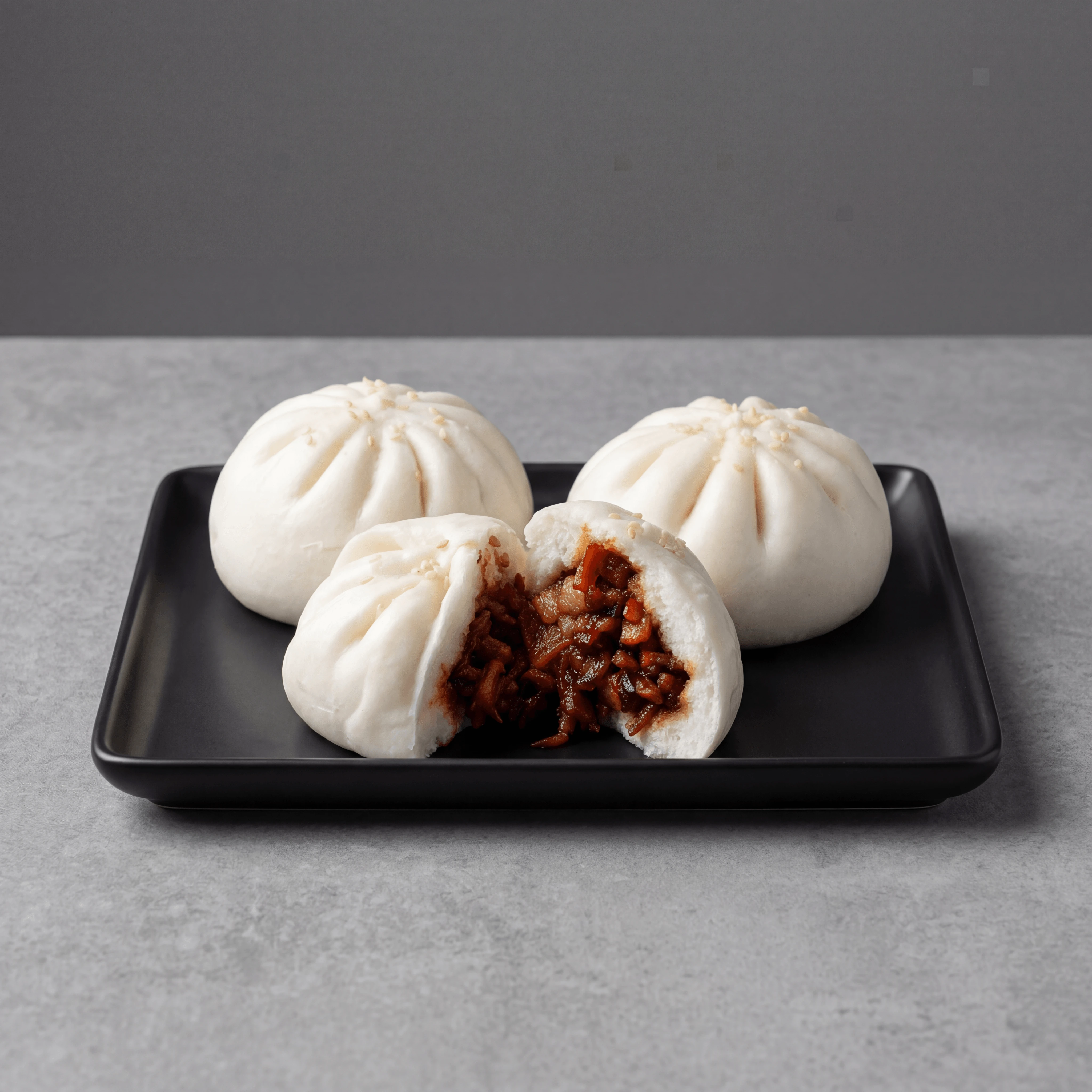 Char siu bao steamed bun split open red BBQ pork filling — Cantonese steamed bun hero photography