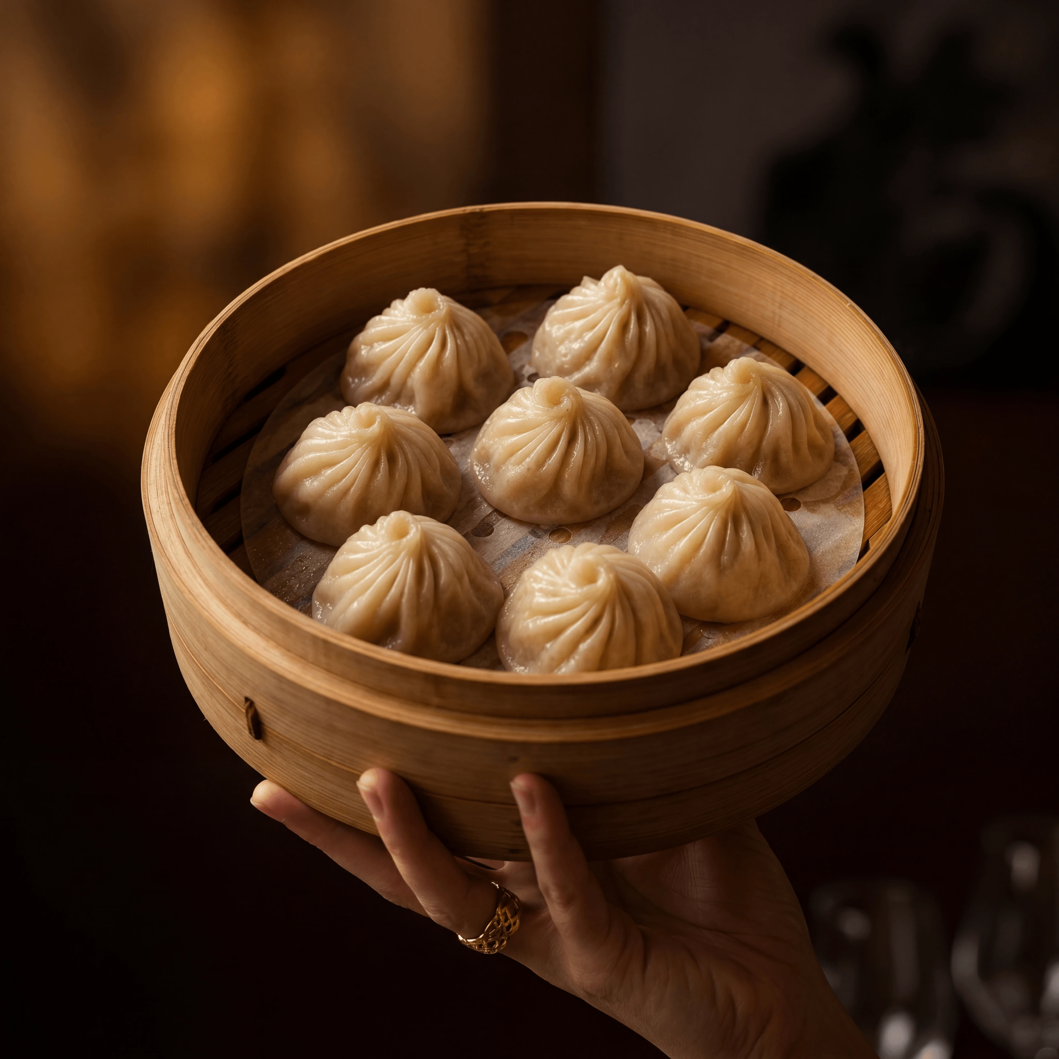 Xiao long bao soup dumplings translucent skin pleated bamboo steamer — Shanghai soup dumpling hero photography