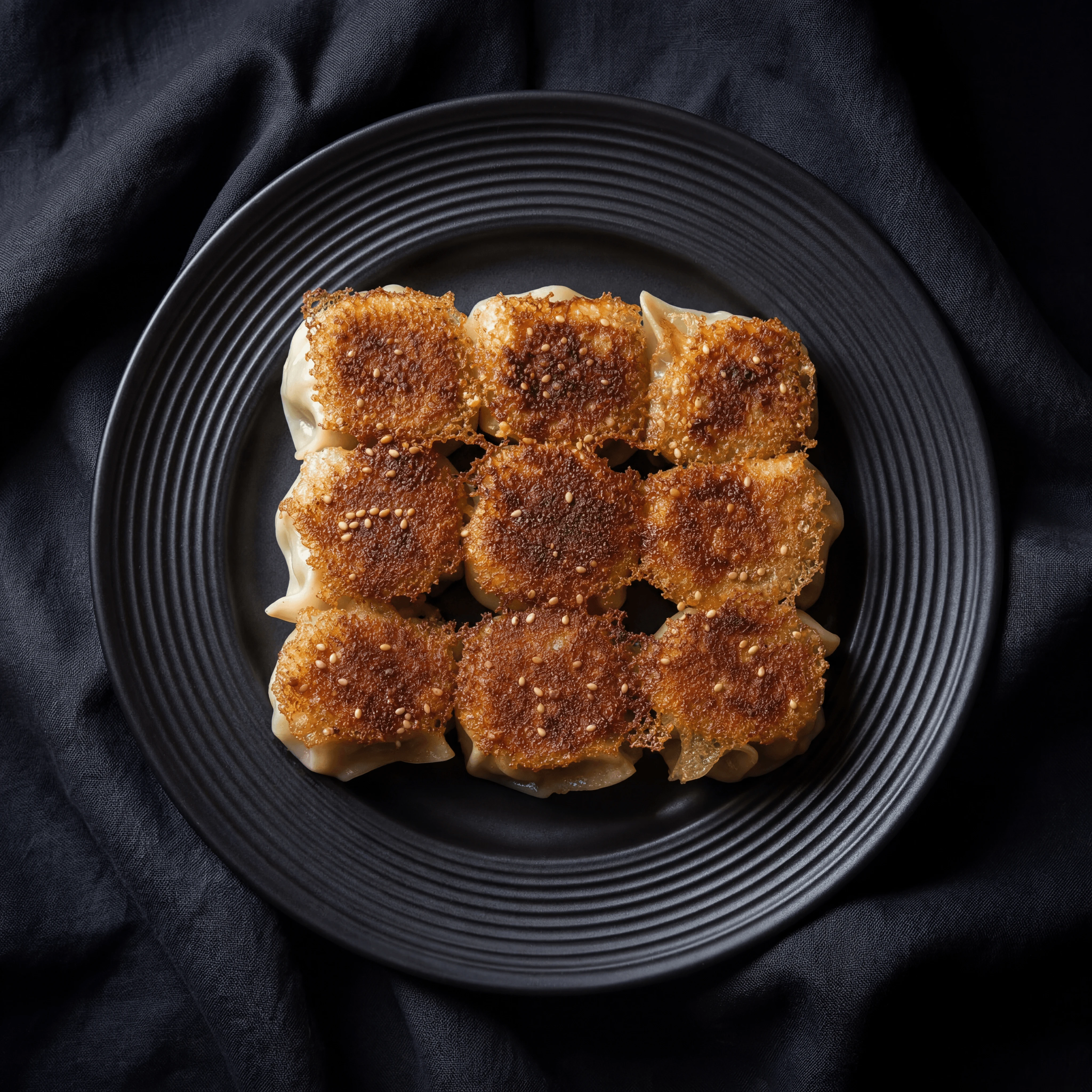 Crispy pan fried potstickers golden brown bottoms sesame seeds — Cantonese pan-fried dumpling hero photography