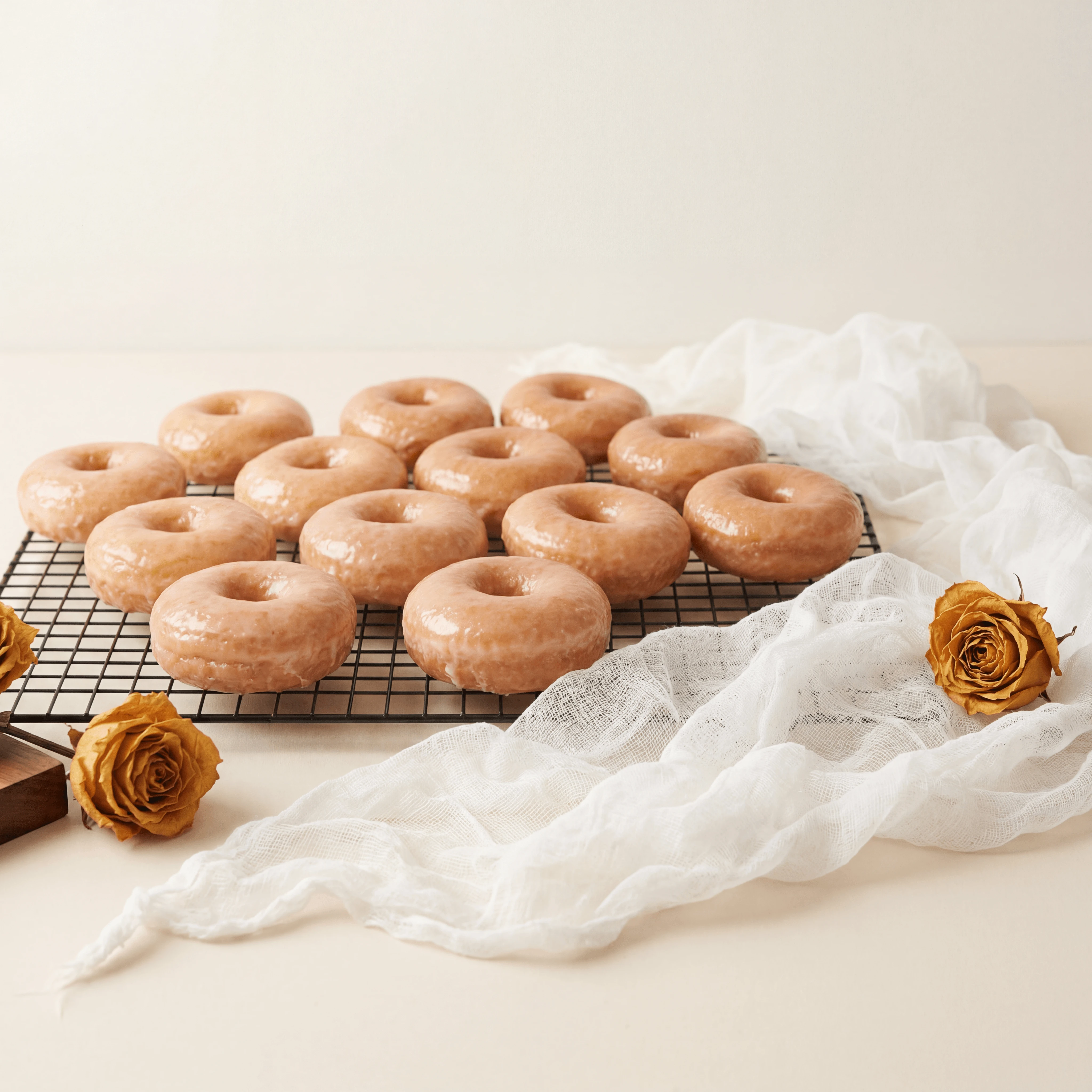 Classic glazed yeast donuts cooling rack pale honey amber — glazed donut card photography