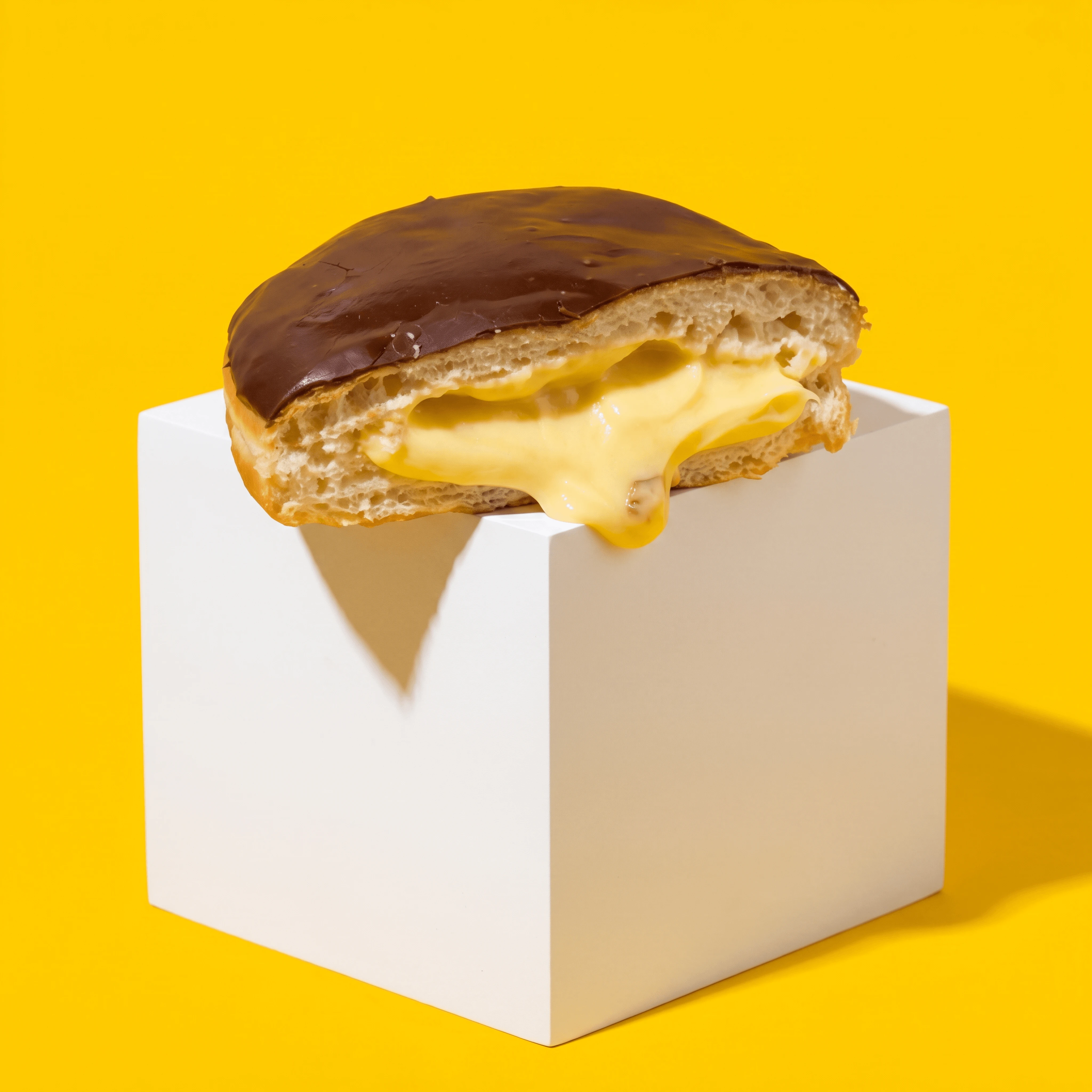 Bavarian cream filled donut split open chocolate top — filled donut card photography