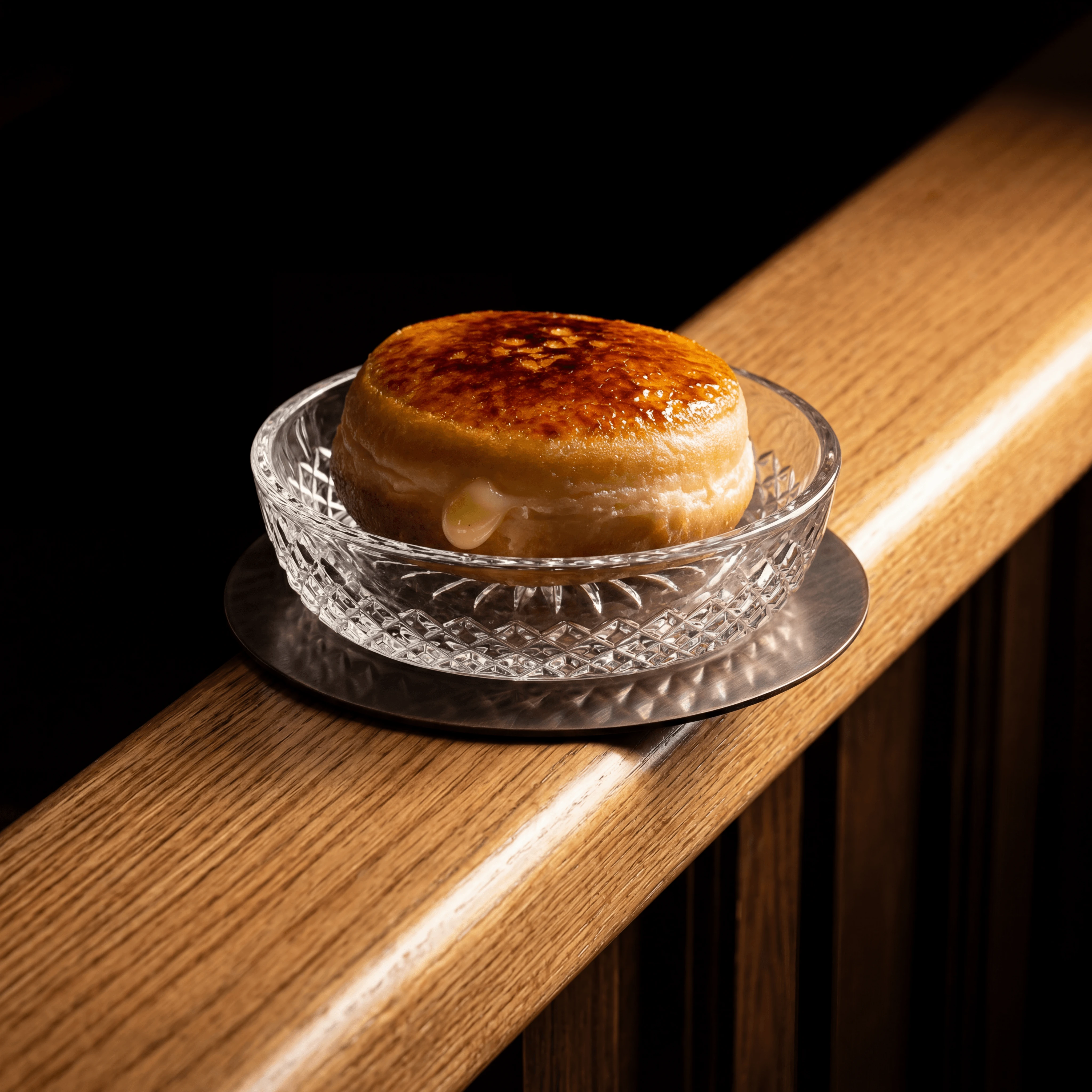 Creme brulee donut torched sugar top crackled caramelized — artisan donut card photography