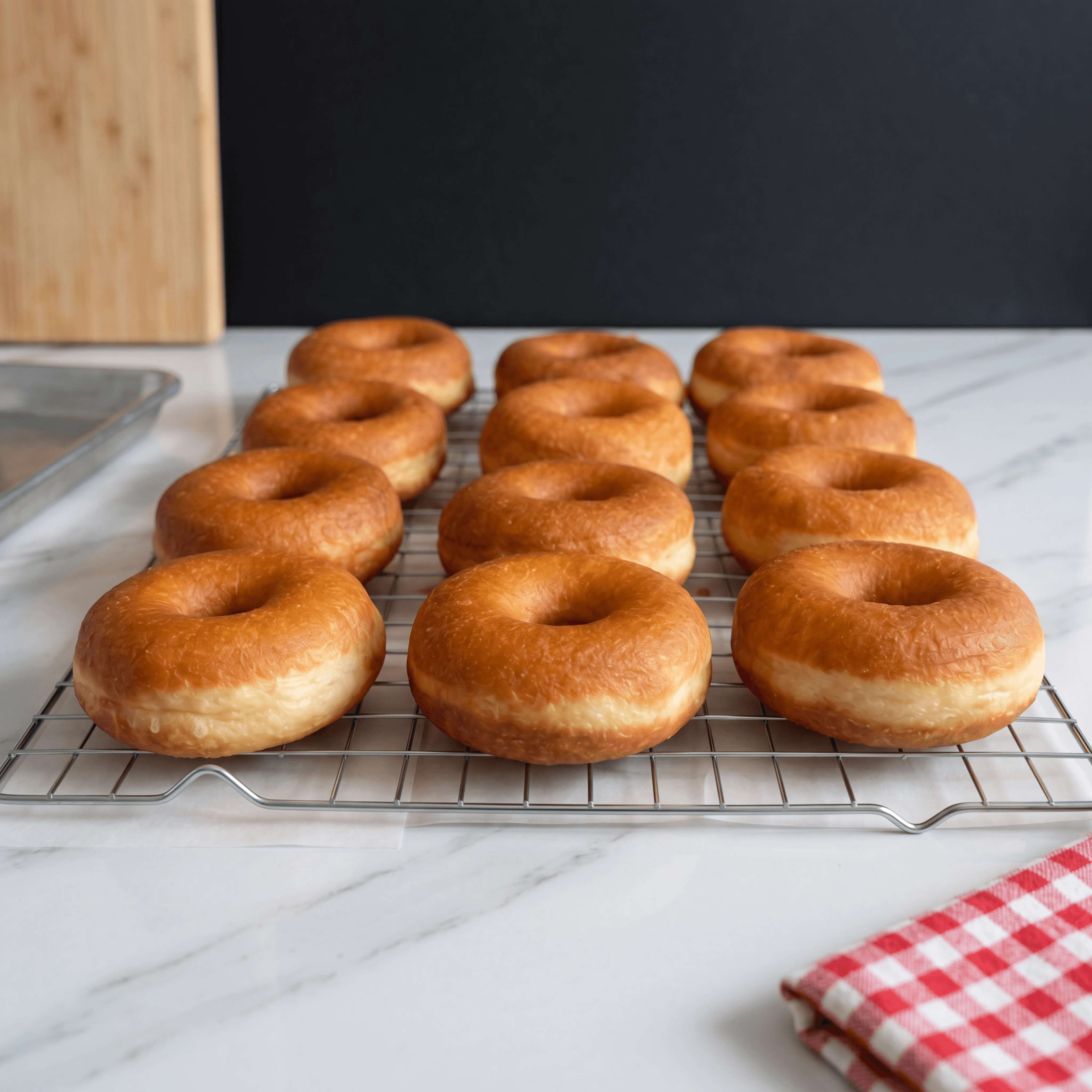 Fresh fried donuts parchment cooling rack glistening oil — fresh fried donut card photography