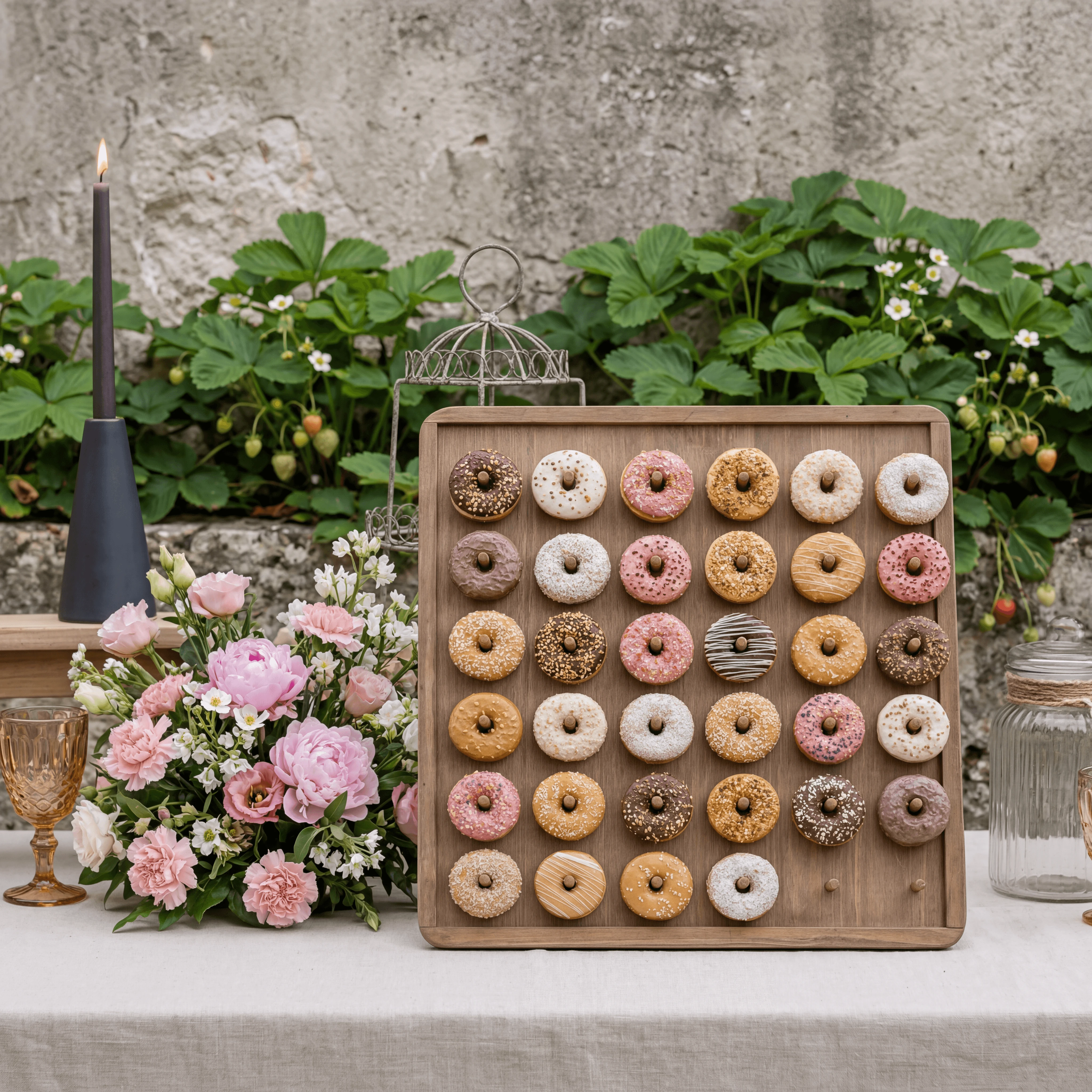Donut wall display thirty donuts hanging hooks wedding event — donut wall card photography