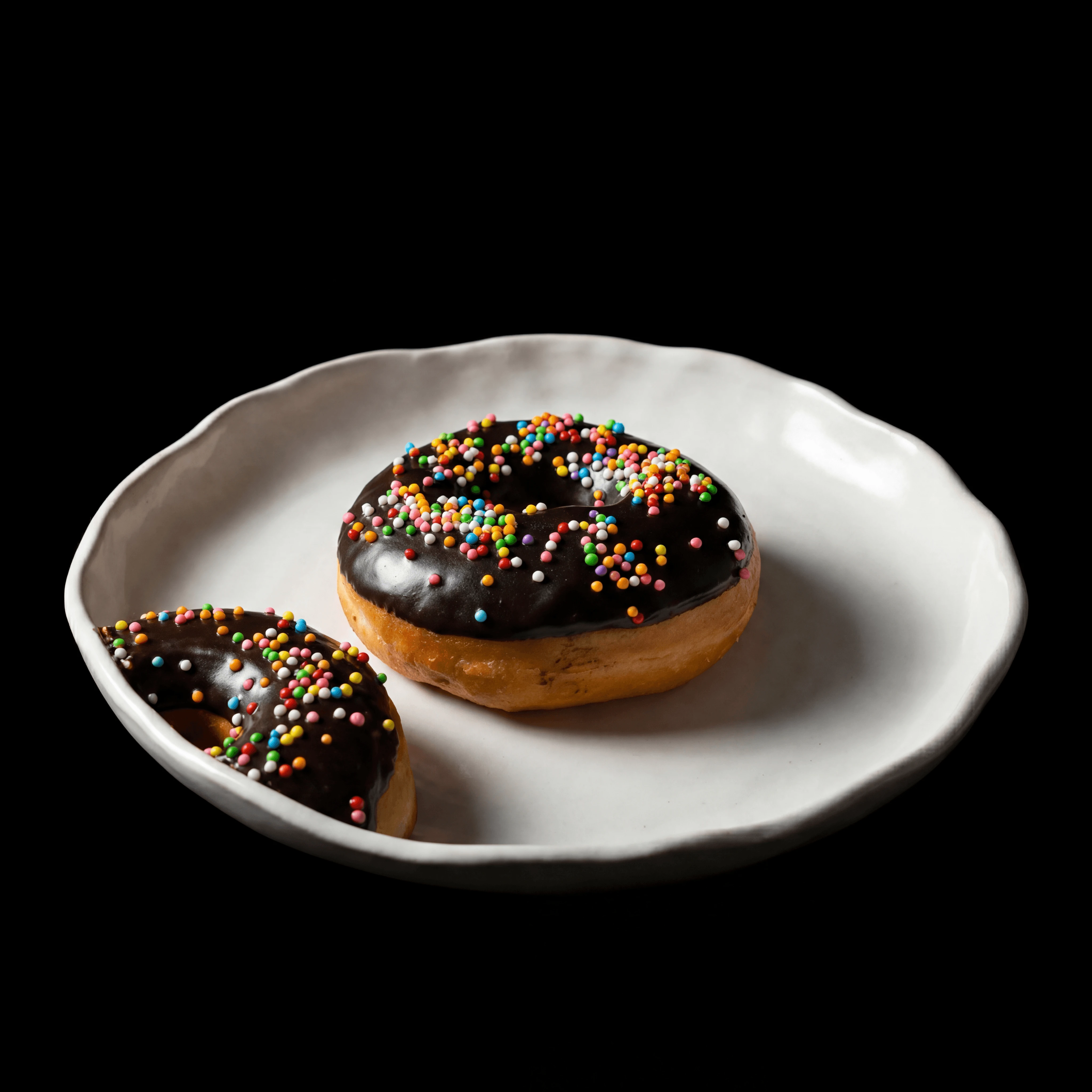 Iconic chocolate sprinkle donut single hero black void — donut FAQ sidebar photography